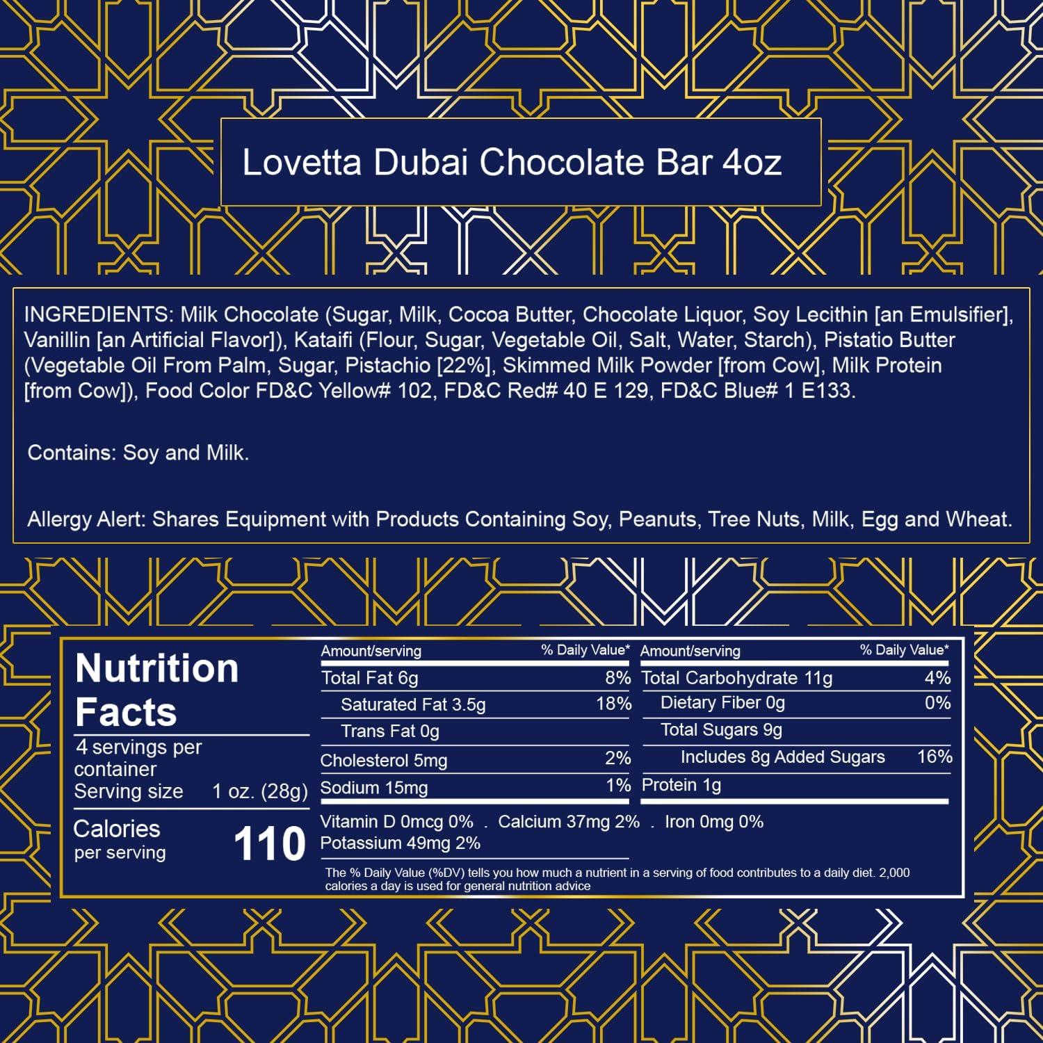 Lovetta Chocolate Dubai Chocolate Bar Pistachio Knafeh - Luxury Rich Milk Chocolate, Individually Wrapped Fresh, Premium Pistachio Cream Katafi Filling (1 Pack)