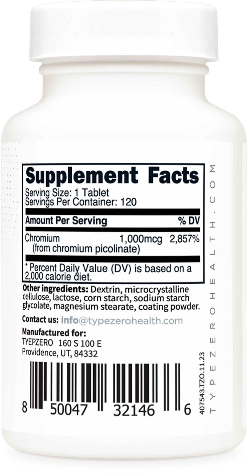 Type Zero Type Zero Clean Chromium Picolinate Tablets (120 Servings, 1,000 MCG Per Serving) - Non-GMO, Gluten Free
