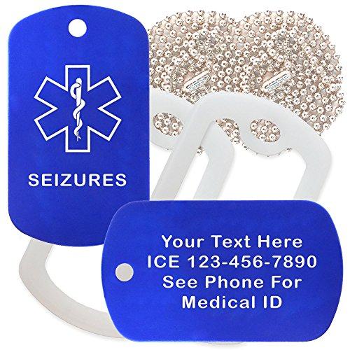 Goods For Giving Custom 2 Pack - Seizures Medical Alert ID Necklaces with Blue Custom Tags, Clear Silencers, and 30'' USA Chains