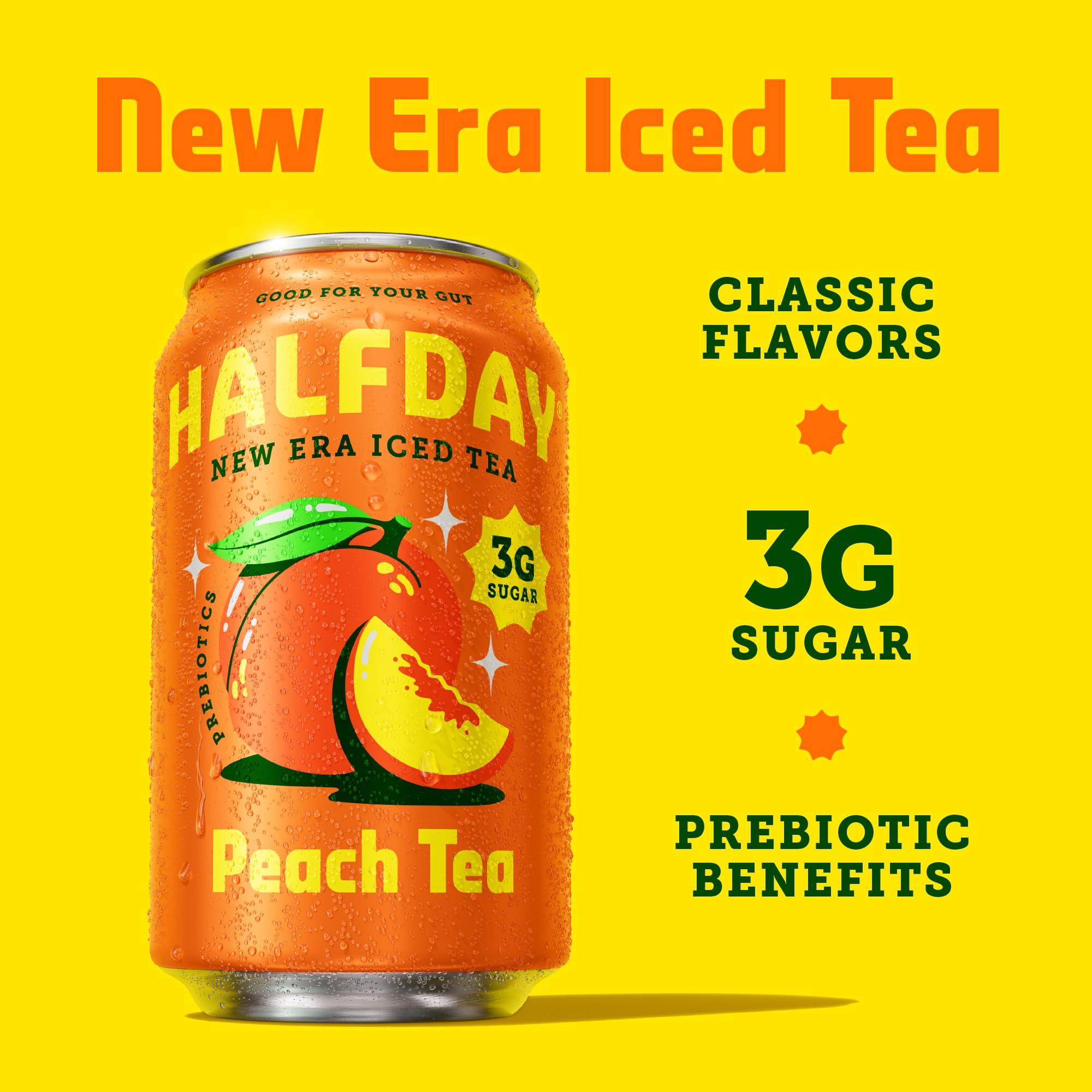 Halfday HALFDAY Prebiotic Peach Iced Tea Cans, Supports Digestive & Gut Health, 8g Plant Fiber & Prebiotics, Low Sugar, 30 Calories, Organic Tea, Natural Caffiene, Gluten Free, Keto, 12 fl oz (12 pack)
