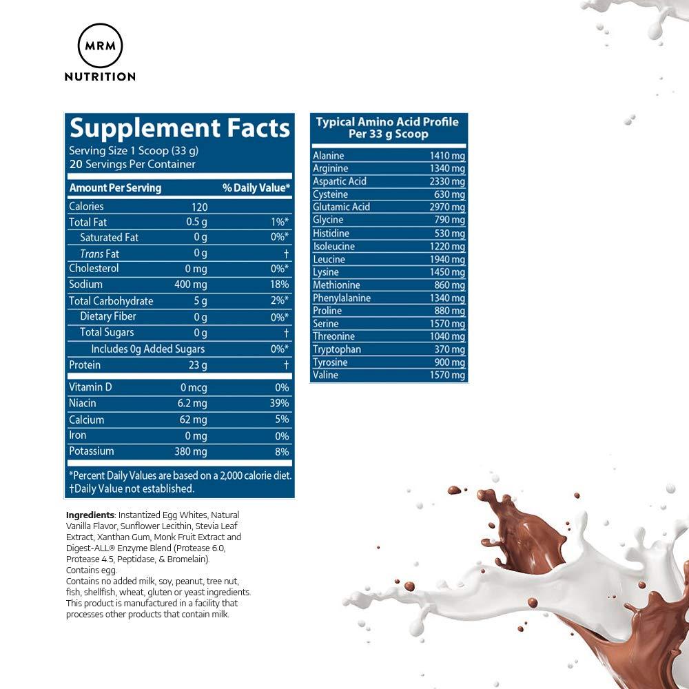 MRM MRM Nutrition Egg White Protein | Vanilla Flavored | 23g Fat-Free Protein | with Digestive enzymes | Highest Biological Value | Clinically Tested | 20 Servings