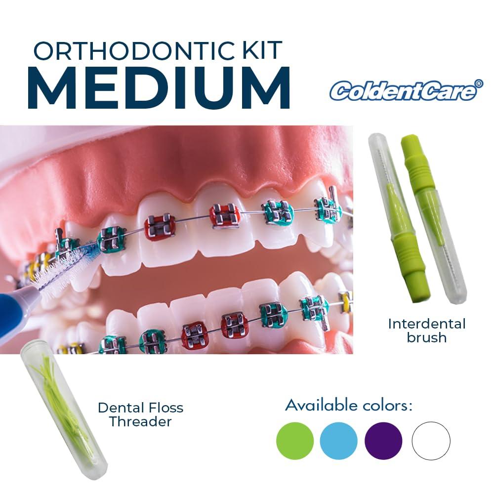 ColdentCare Braces Cleaning Kit for Teeth, Portable Orthodontic Toothbrush Kit Oral Care Dental Travel - 2 Interdental Brush, 5 Bars of Wax, 1 Dental Floss 12m, 13 Dental Floss Threader Multipurpose case (Green)