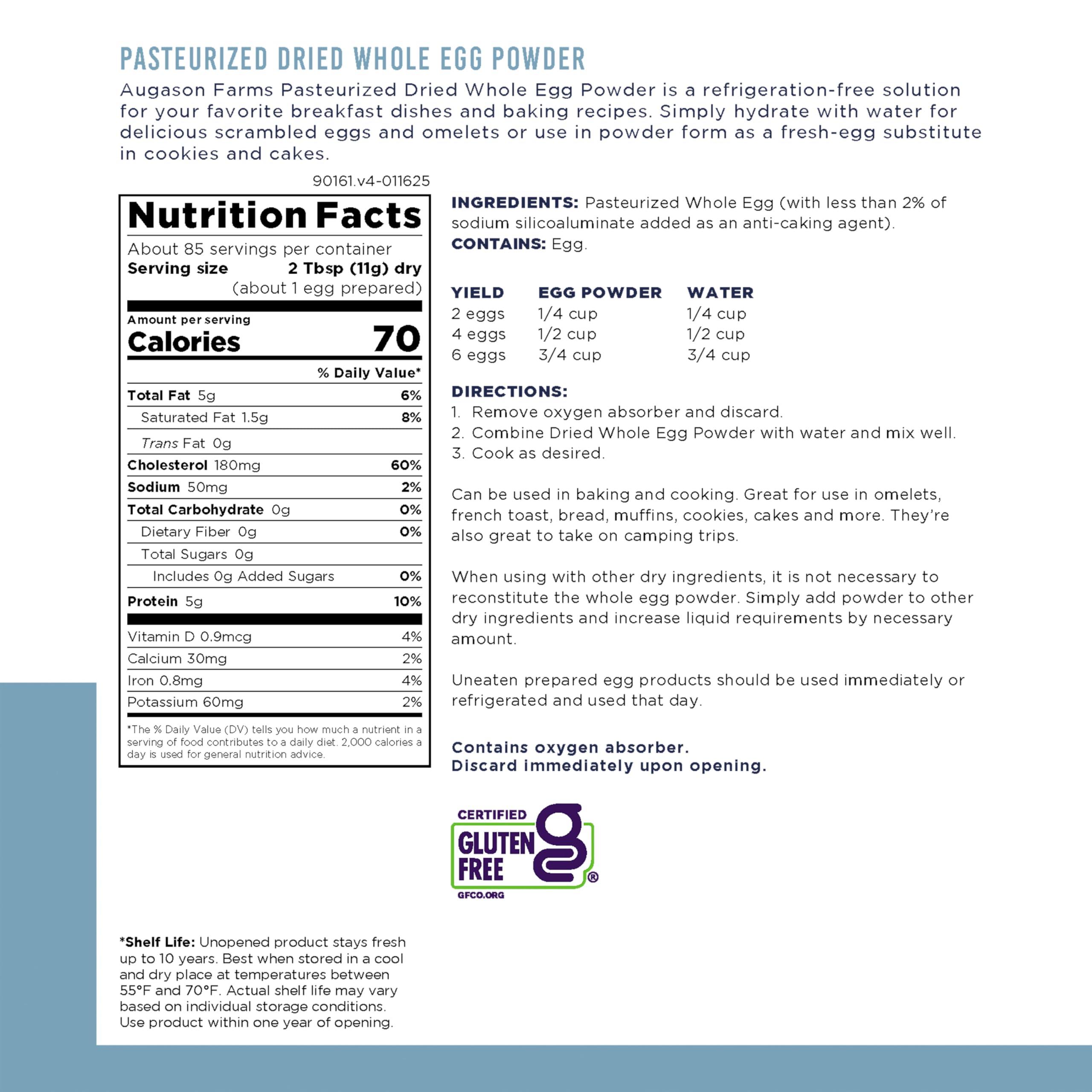 Augason Farms Augason Farms Pasteurized Dried Whole Egg Powder Can, Real Eggs, Emergency Food Supply, Everyday Meals, 85 Servings