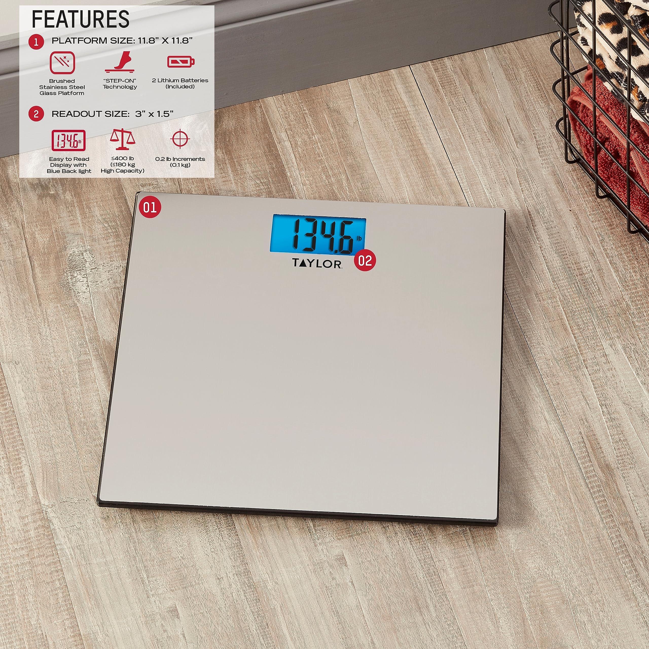 Taylor Taylor Digital Scales for Body Weight, High 400 LB Capacity, Brushed Stainless Steel Thin Glass Platform, Unique Blue LCD, Durable Platform, 11.8 x 11.8 Inches, Stainless Steel