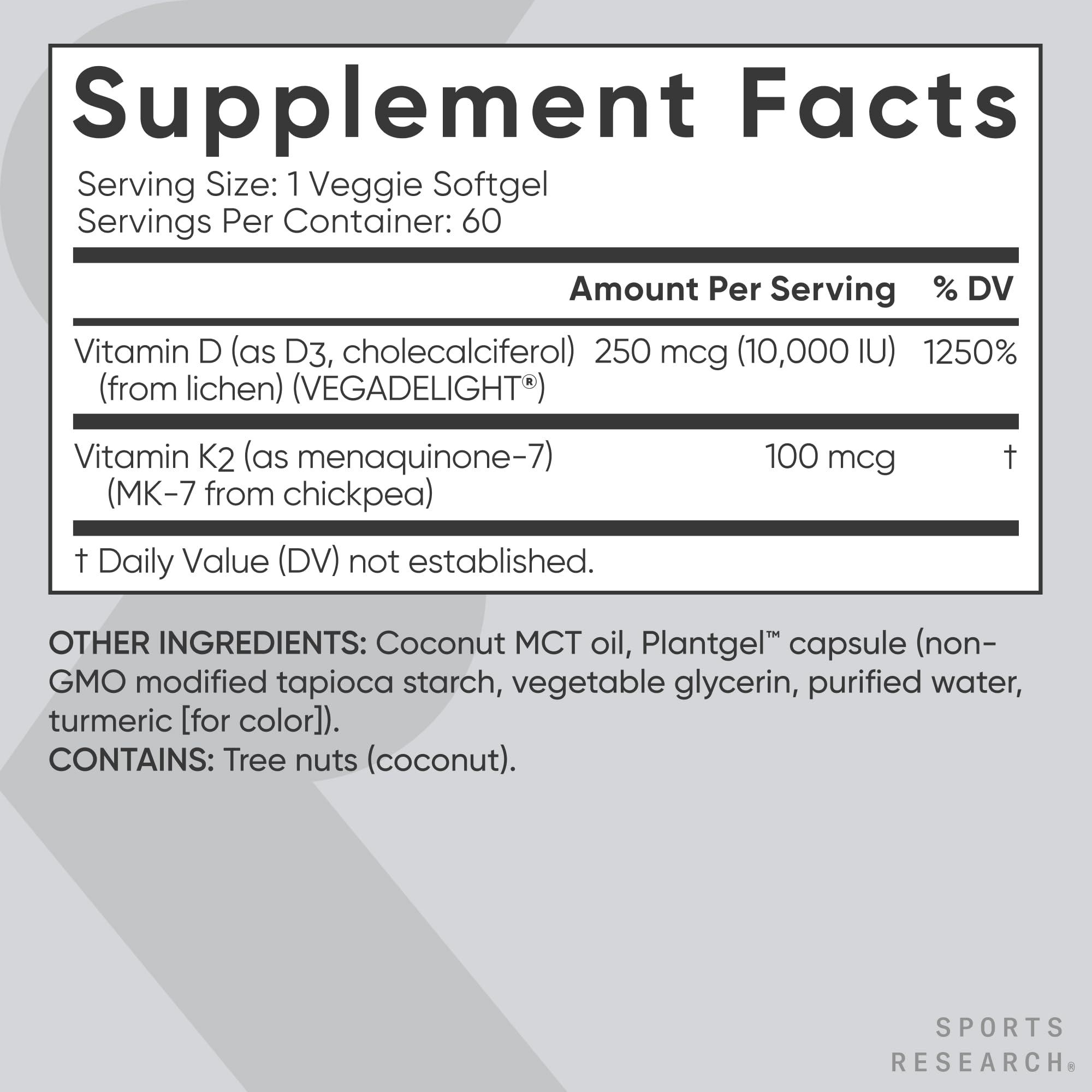 Sports Research Sports Research Vegan D3 10,000iu with Vitamin K2 100mg - Formulated with Coconut MCT Oil - Vegan Certified, Soy & Gluten Free - 60 Softgels