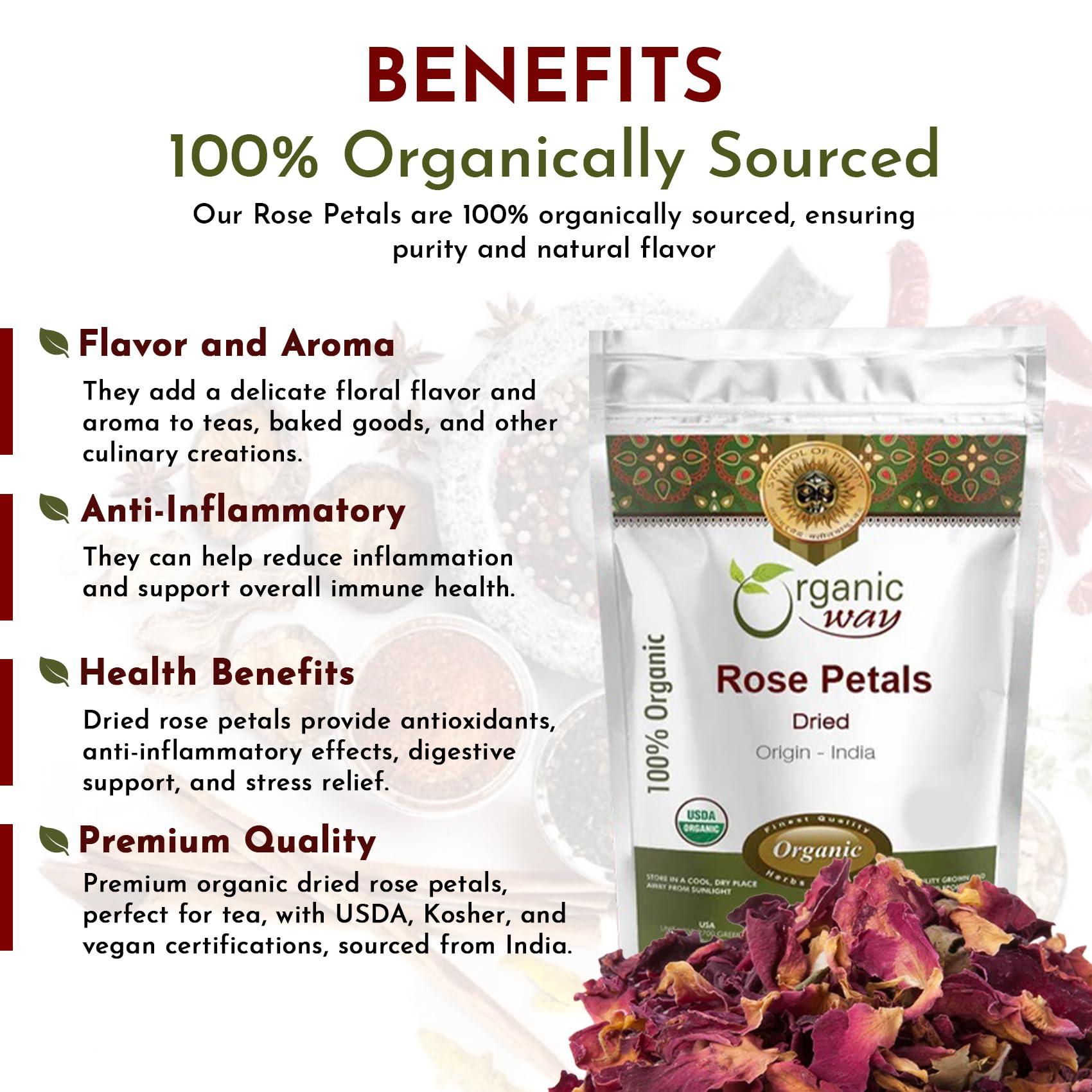 Organic Way Organic Way Rose Petals Dried (Rosa Centifolia) - Pure, Edible & Fragrant for Tea | Organic & Kosher Certified | Raw, Vegan, Non GMO & Gluten Free | USDA Certified | Origin - India (1/2LBS / 8Oz)