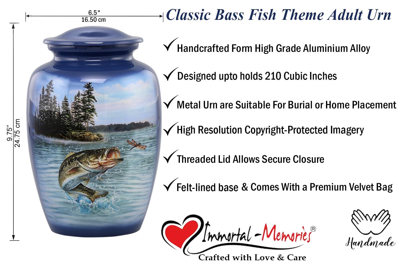 Immortal Memories Bass Fishing Large Urn - Cremation Urn for Human Ashes Male & Female - Heart Fishing Urn - Handcrafted Funeral Memorial Urn for Adults Urn Velvet Case & Bag (Large)