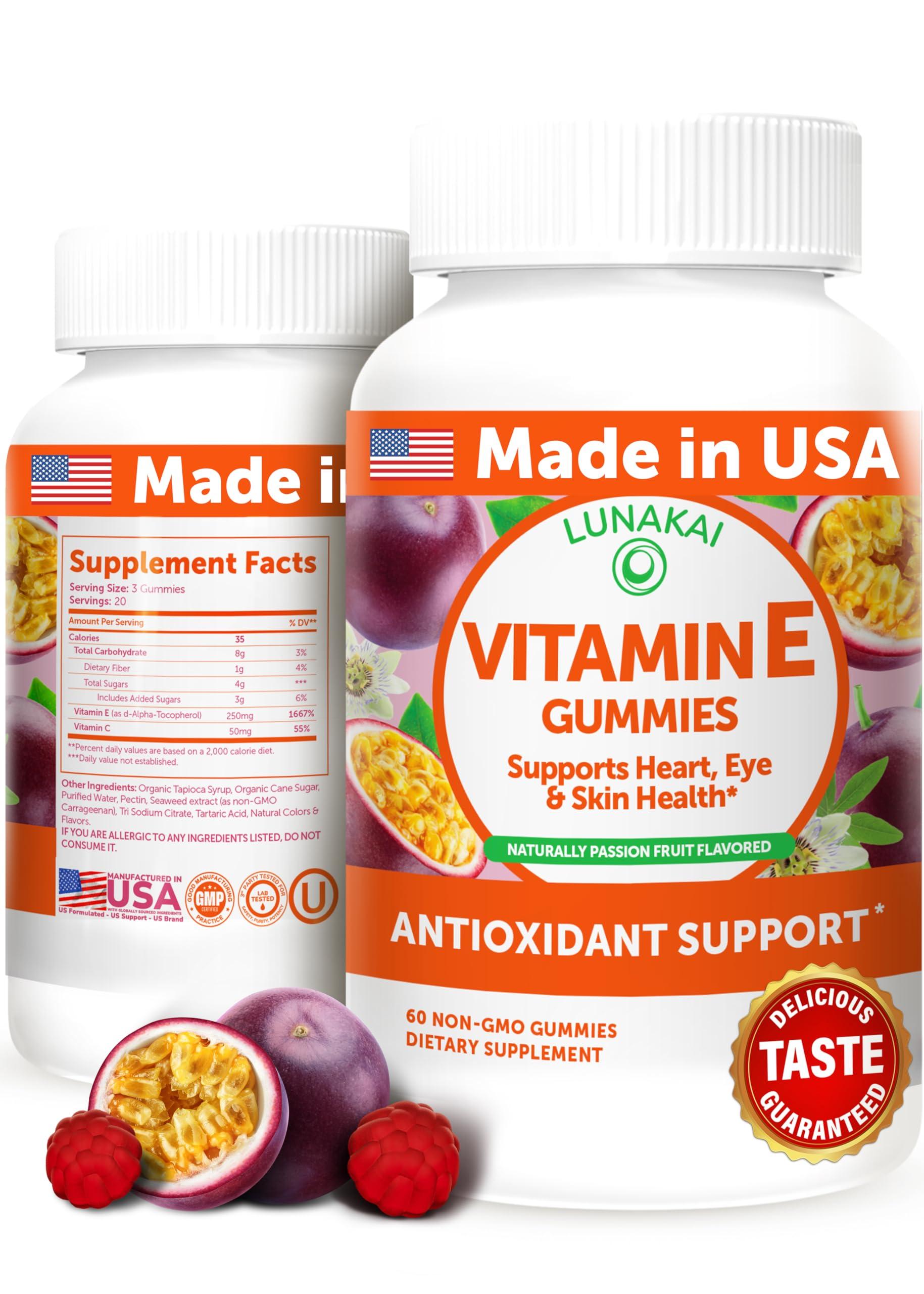 Lunakai Lunakai USA Made Vitamin E Gummies 400IU with Vitamin C - Delicious, Vegan, Non-GMO Supplement for Daily Skin & Eye Support, d-Alpha Tocopherol, 60ct