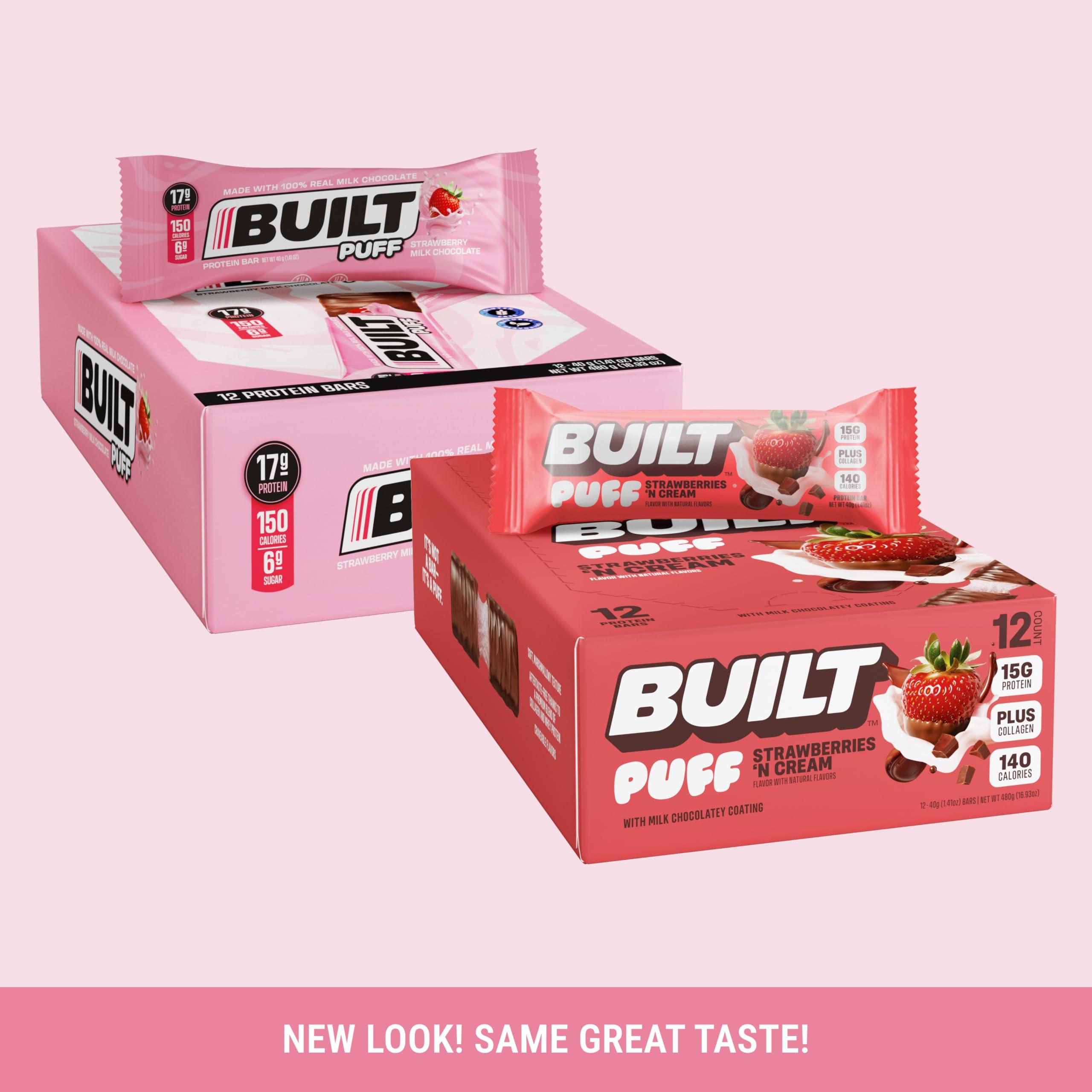 Built Bar BUILT Puffs Protein Bars, Strawberries \'N Cream Puff - High Protein Bars, 15g High Protein Snacks, On-The-Go Bars with only 140 Calories, 8g Sugar, Collagen, Gluten Free, 12 Count
