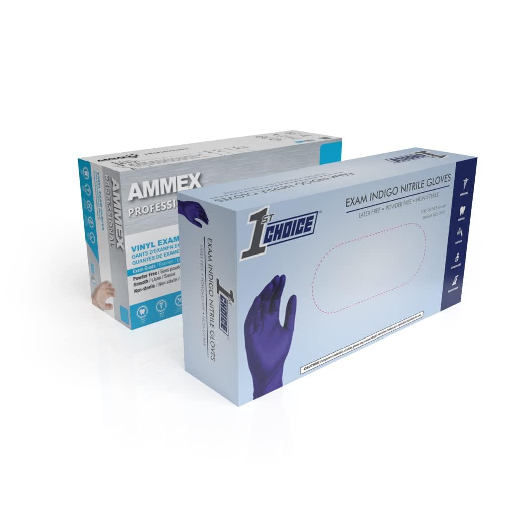 1st Choice Indigo Nitrile and Clear Vinyl 3-mil Disposable Exam Glove Bundle, 100 Gloves per Box, Latex & Powder-Free, Food-Safe, Small