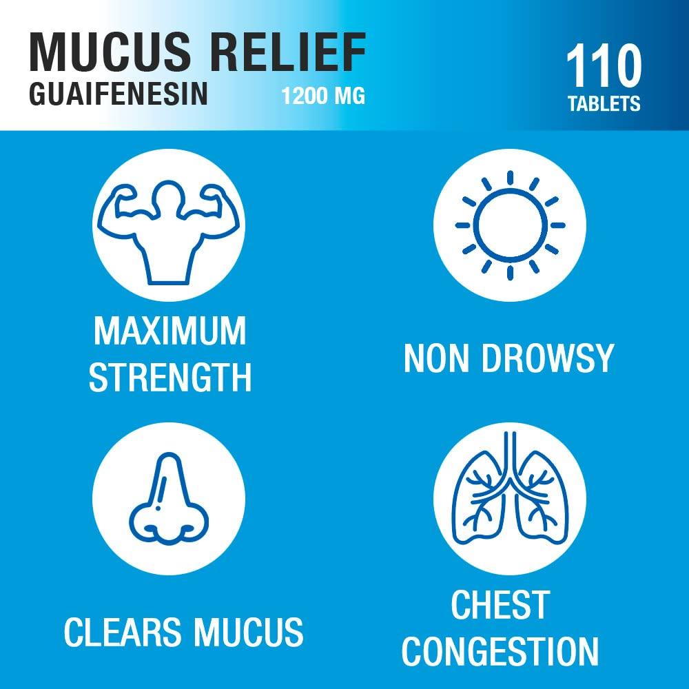 P Puregen Labs Puregen Labs Mucus Relief 12 Hour Extended Release Guaifenesin 1200mg Maximum Strength | Total 220 Tablets | Relief from Cough, Cold, Nasal & Chest Congestion | Expectorant | Extended Release Tablets