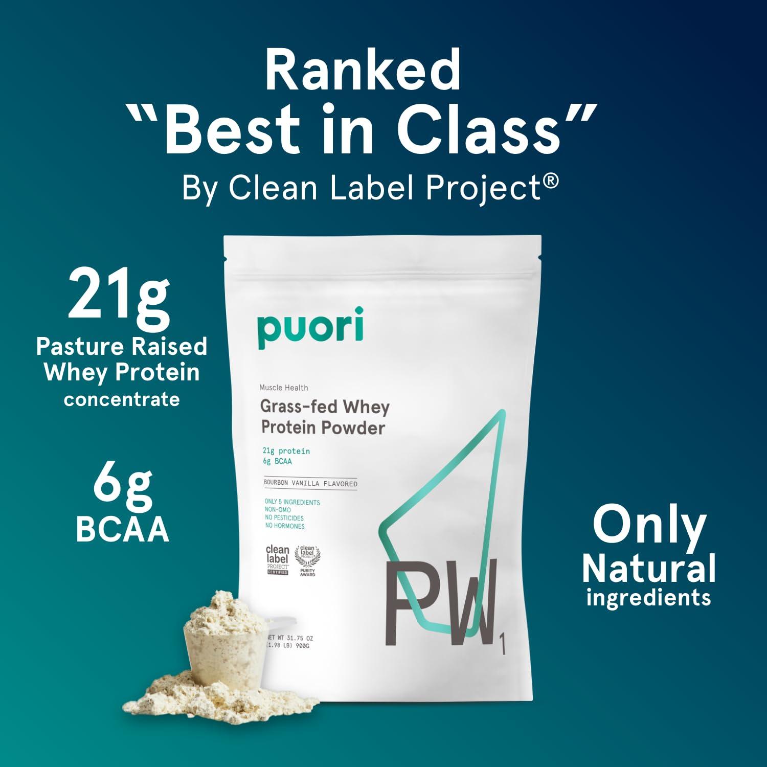 Puori Puori Whey Protein Powder - Bourbon Vanilla - PW1 Pasture Raised, Grass-Fed & Non-GMO - 100% Natural and Pure for Muscle Growth - 21g Protein 1.98lbs - Gluten-Free