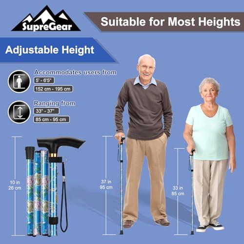 supregear supregear Folding Cane, 5-Level Adjustable Height Walking Stick Lightweight Portable Cane Travel Cane with Wrist Strap and T Handle for Elderly Disabled Men Women