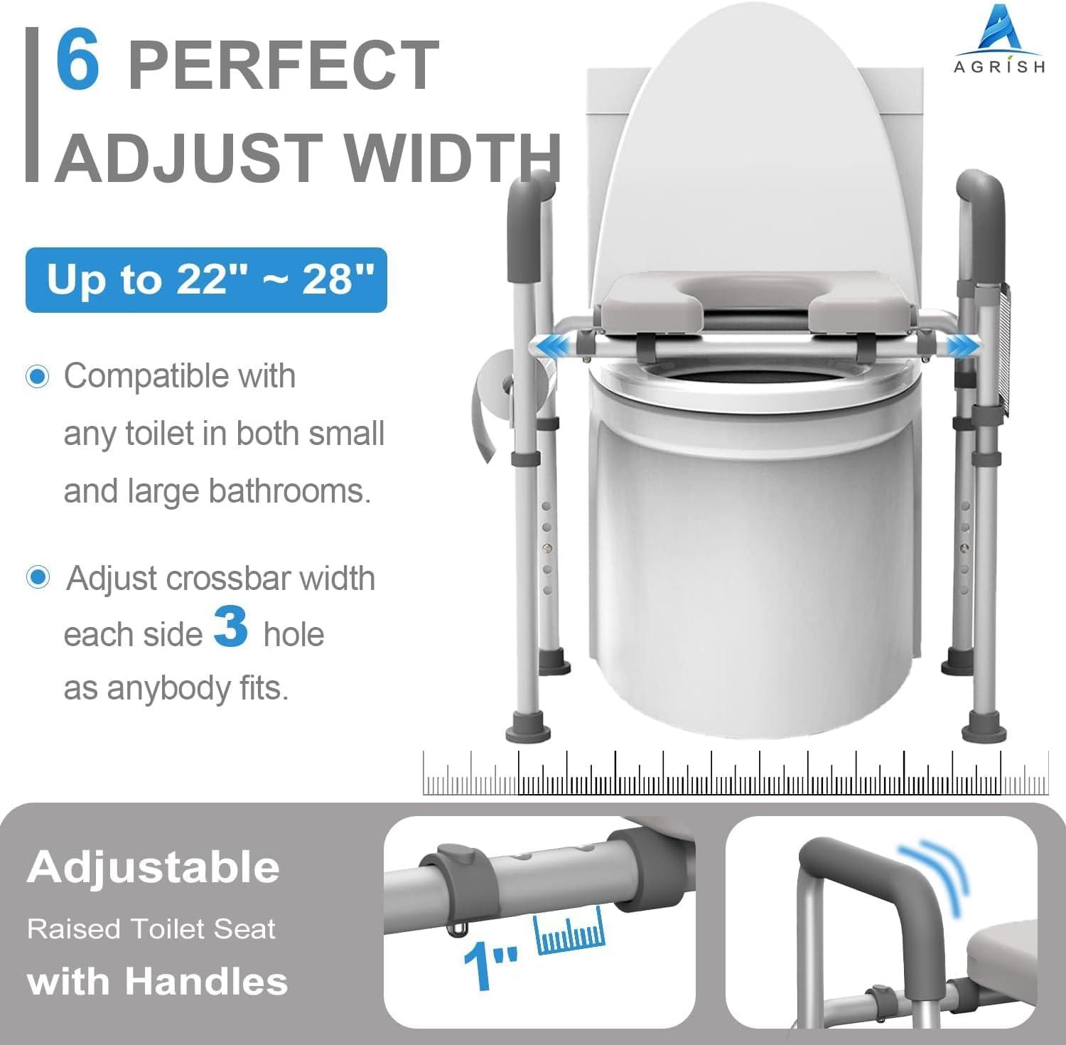 Agrish Agrish Raised Toilet Seat with Handles - Width and Height Adjustable Padded Toilet Seat Risers for Seniors, Bariatric, Handicap, Heavy Duty 350lbs Raised Toilet Seat, Fit Any Toilet