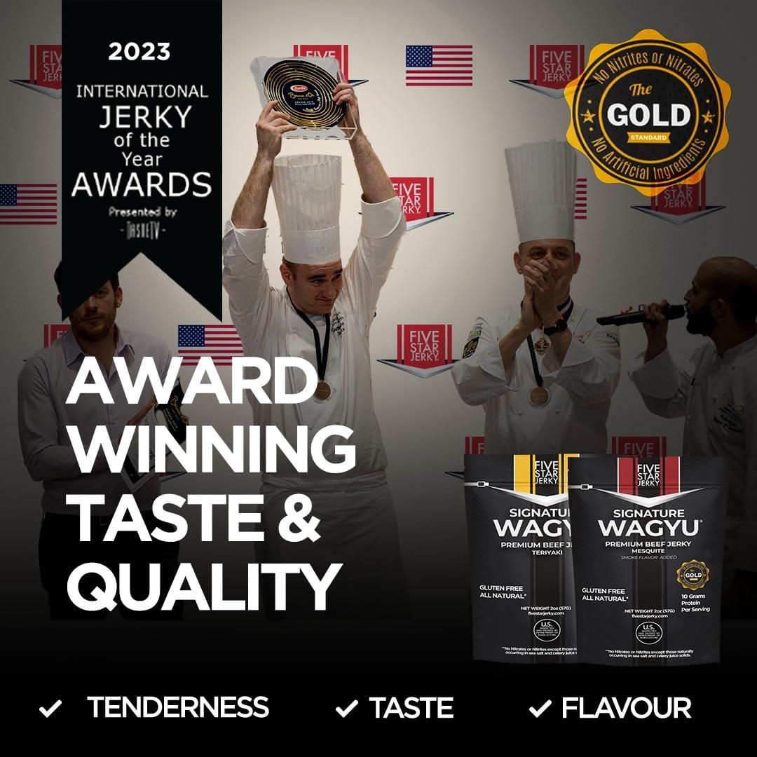 Five Star Jerky Five Star Wagyu Teriyaki Beef Jerky, Soft & Mouth Melting Tender Jerky, Award-Winning Premium Beef Jerky, No Artificial Ingredients, Premium Gift Snack, Nitrate/Nitrite-Free, Gluten-Free, Wagyu Beef Snacks (4 Pack of 2oz-Total 8oz) Gourmet Beef Jerky