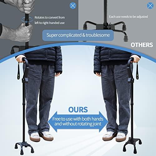 KingPavonini Adjustable Walking Cane for Men & Women with 4-Pronged Base for Extra Stability - Foldable Cane for Seniors with Foam Padded Offset Handle for Soft Grip & a Second Handle for Standing Black