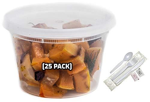 EcoQuality 16 oz - 25 Count - Plastic Soup Containers with Cutlery for Meal Prep, Soup, Deli Containers, Lunch, Togo, Microwave Safe, Dishwasher Safe Containers, Heavy Duty Clear Plastic BPA Free (16 Ounce)