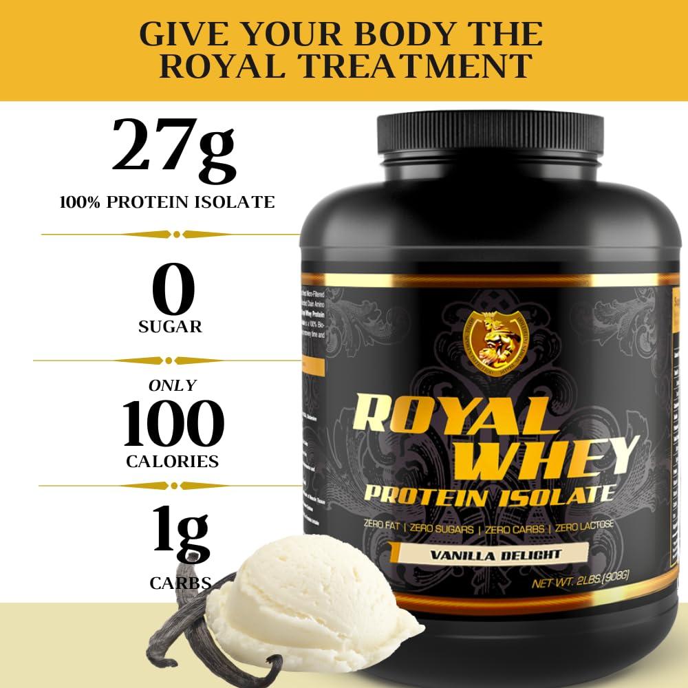 Royal Sports Nutrition RSN Royal 100% Isolate Protein Powder | 27g Protein Isolate | 0 Sugar | 1g Carbs | 5 lbs | 76 Servings | Vanilla Delight