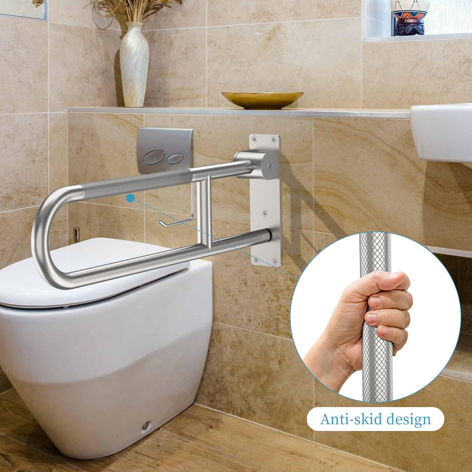 Munzong Toilet Grab Bar 30.3 Inch, Munzong Anti-Slip Handicap Grab Bars with Paper Holder, Flip-Up Bathroom Toilet Safety Rails, Stainless Steel Knurled Support handrails for Seniors Elderly Disabled Pregnant