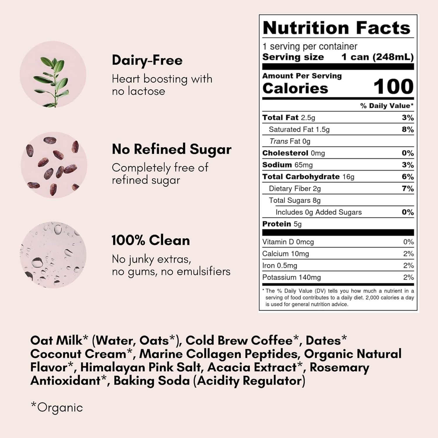 Pop & Bottle Pop & Bottle Vanilla Oat Milk Lattes - Cold Brew, Sustainably Sourced Marine Collagen, MCT Oil, Organic, Dairy Free, Gluten Free, Lightly Sweetened with Dates - 8 Fl Oz (Pack of 10)