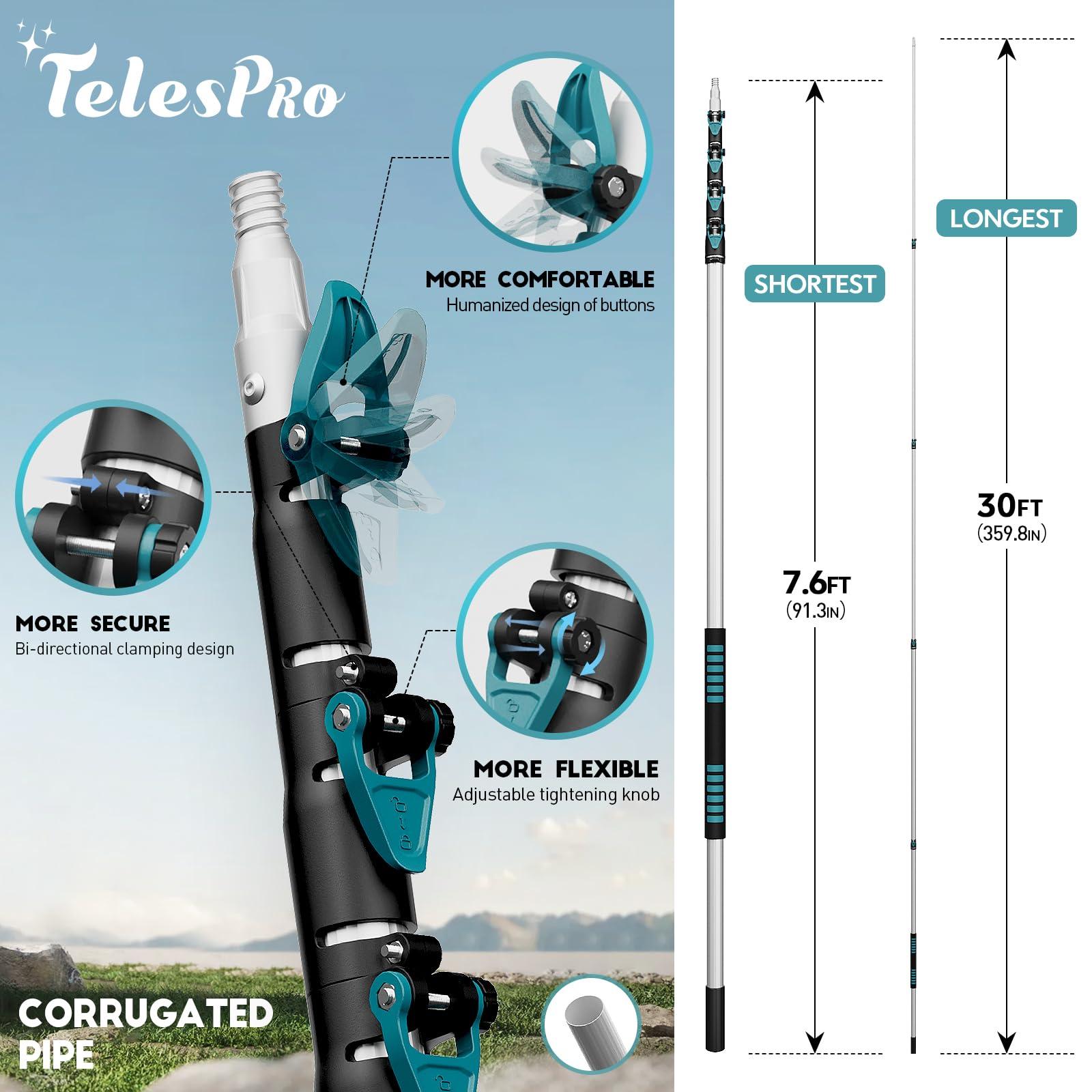 TelesPro TelesPro 36 Foot High Reach Duster Kit with 7-30FT Extension Pole High Ceiling Dusting and Window Cleaning Kit with Telescopic Pole Window Washer&Squeegee,Cobweb Duster,Fan Duster and Feather Duster