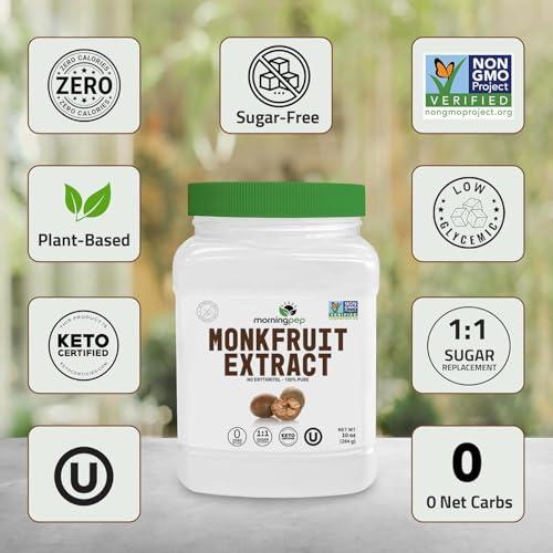 Morning Pep Morning Pep 100% Pure Monk Fruit extract sweetener, No Erythritol, Monkfruit Extract Powder, NON-GMO Project Verified, Keto Certified, OU kosher, No Fillers Zero Calories | Over 900 Servings | 10 oz