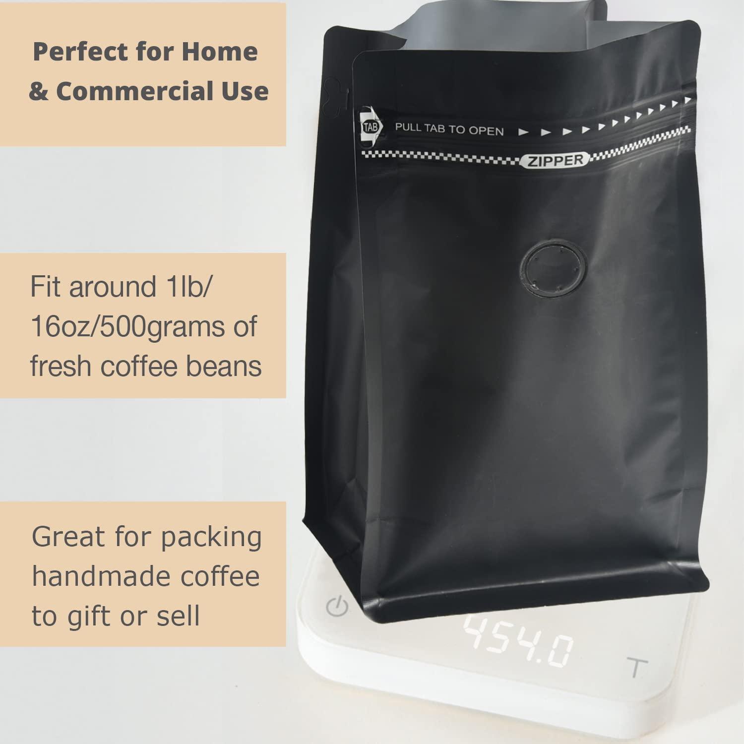 felipack Black Coffee Bags with Valve (Pack of 100, 16oz/1 lb Size) - High Barrier Aluminum Foil - Flat Bottom Coffee Pouches with Rsealable Zipper & Easy Open Tape