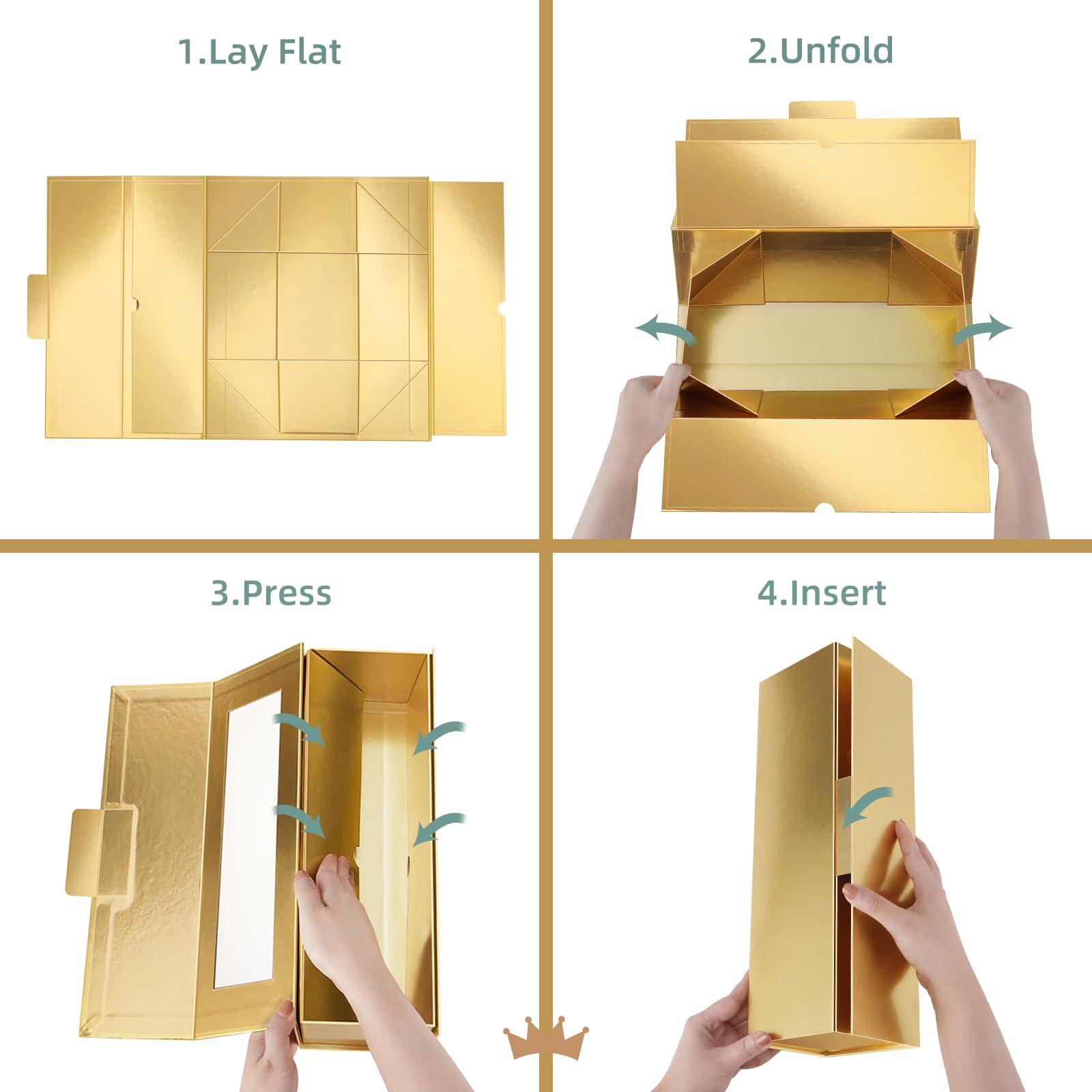 PACKQUEEN PACKQUEEN 6 Wine Gift Boxes with Window, 13.5x4.5x4 Inches Gold Bottle Gift Boxes for Liquor and Champagne, Reusable Collapsible for Christmas Wedding Anniversary Festivals Party Present (Glossy Gold)