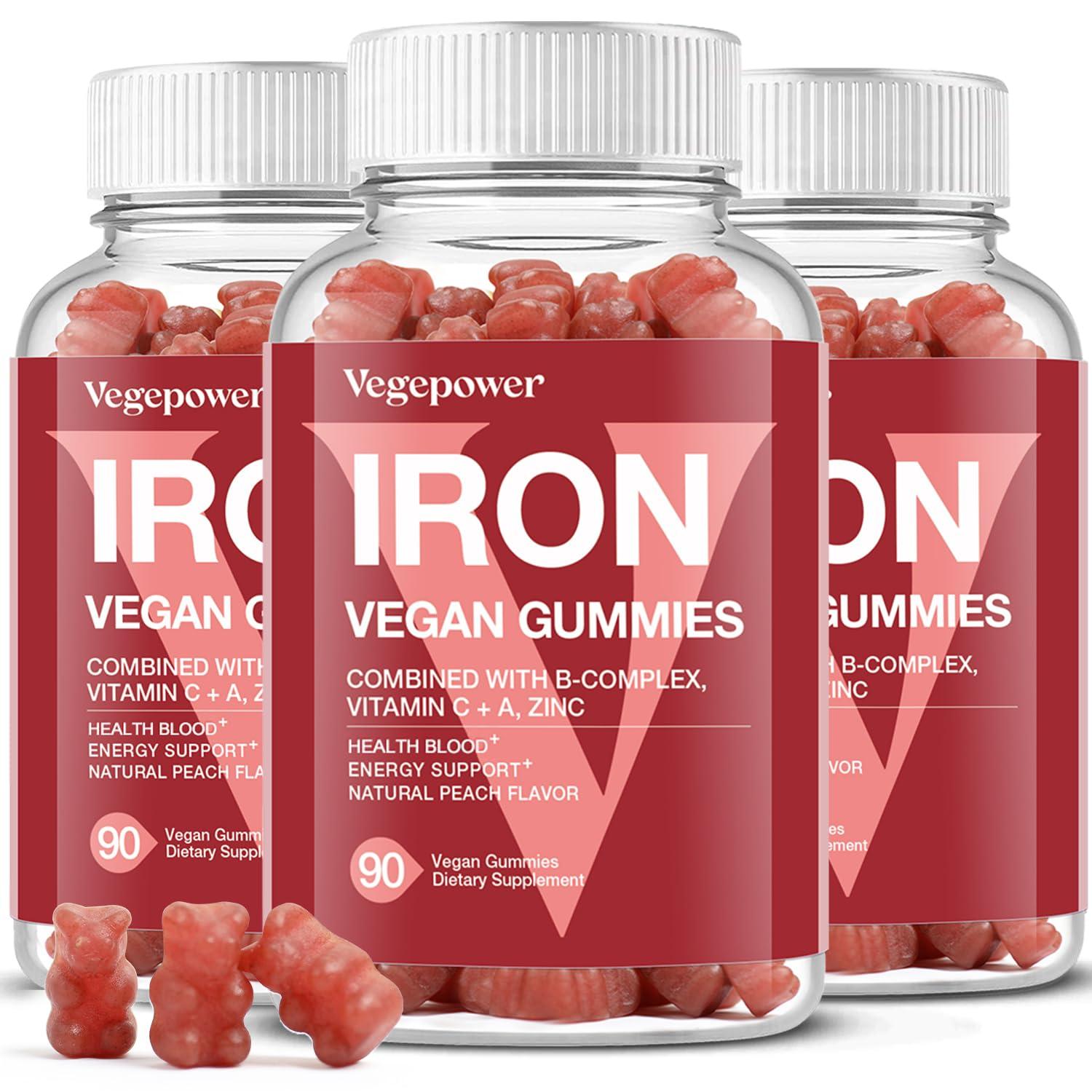 VEGEPOWER Iron Gummies Supplements for Women & Kids - Multivitamin with Iron for Blood Oxygen, Great Tasting Iron Gummy Vitamins with Vitamin C for Max Absorption - Vegan Iron Chewable, Peach Flavor(3 Packs)
