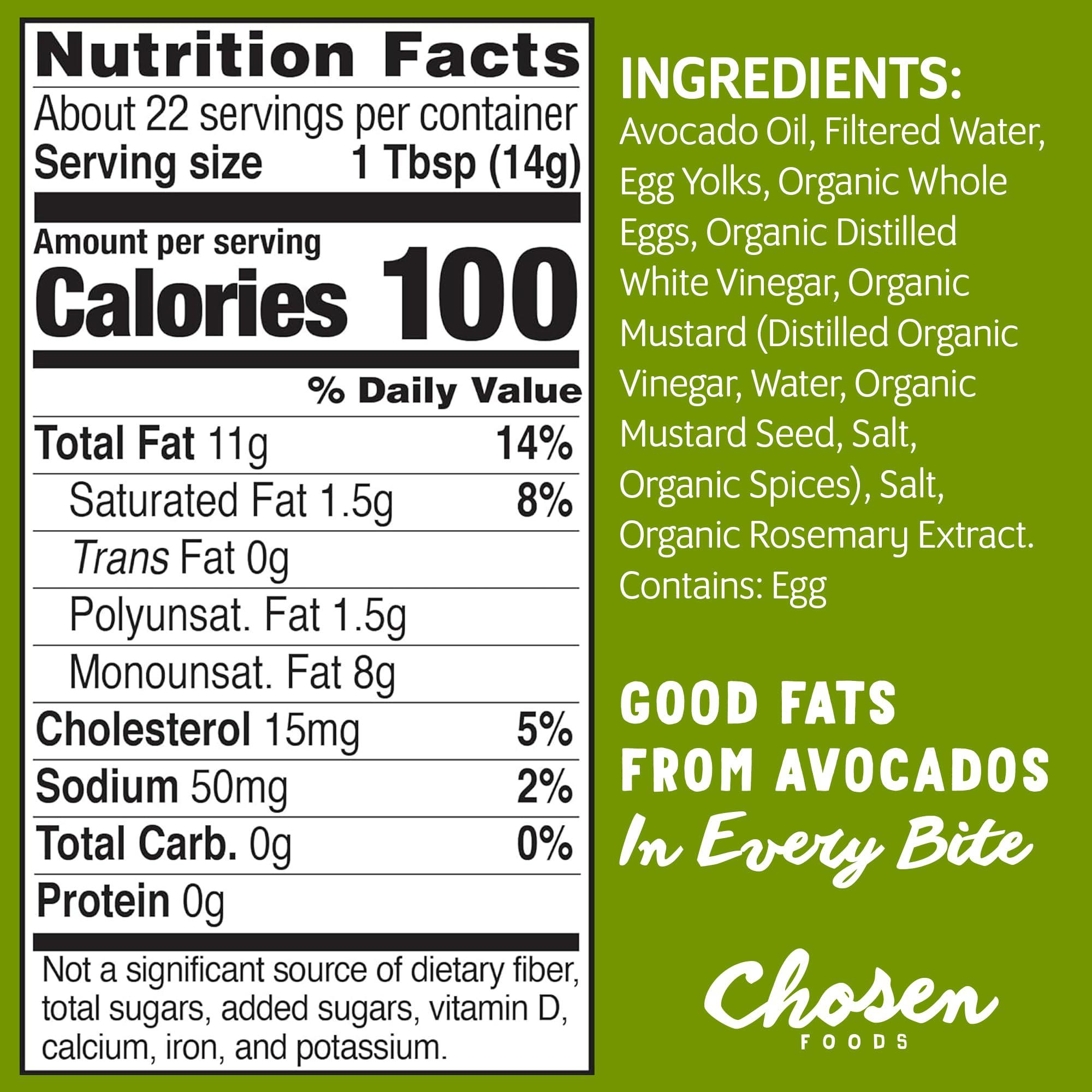 Chosen Foods Chosen Foods 100% Avocado Oil-Based Classic Mayonnaise, Gluten & Dairy Free, Low-Carb, Keto & Paleo Diet Friendly, Mayo for Sandwiches, Dressings and Sauces, Made with Cage Free Eggs (11.25 fl oz, 2 Pack)