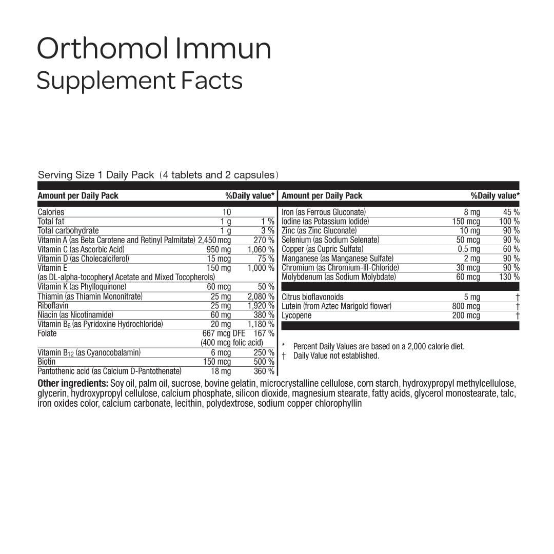 Orthomol Orthomol Immun Tablet and Capsule, Immune Support Supplement, 30-Day Supply, Vitamins A, B, C, D, E, Zinc, Iodine