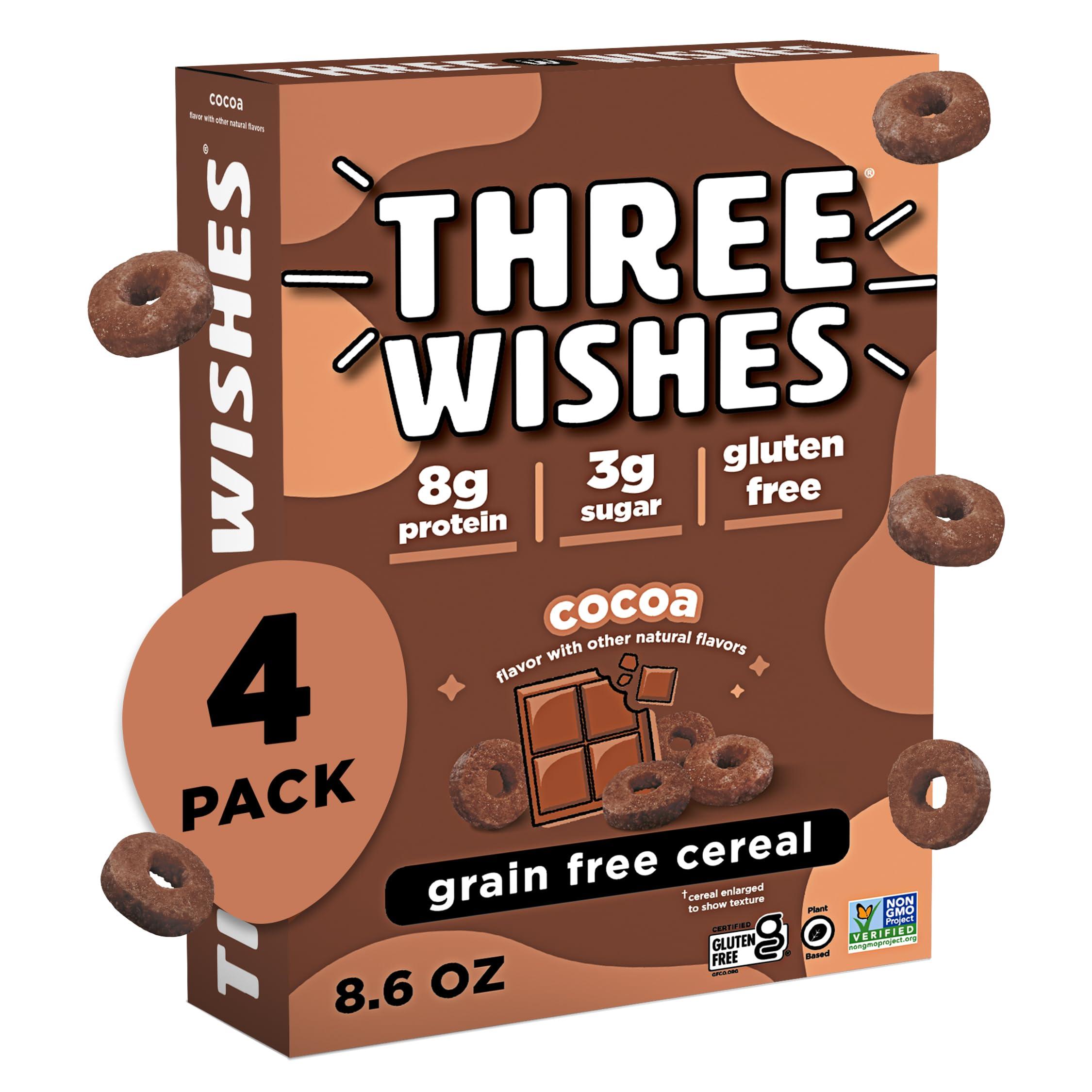 Three Wishes Plant-Based and Vegan Breakfast Cereal by Three Wishes - Cocoa, 4 Pack - More Protein and Less Sugar Snack - Gluten-Free, Grain-Free - Non-GMO