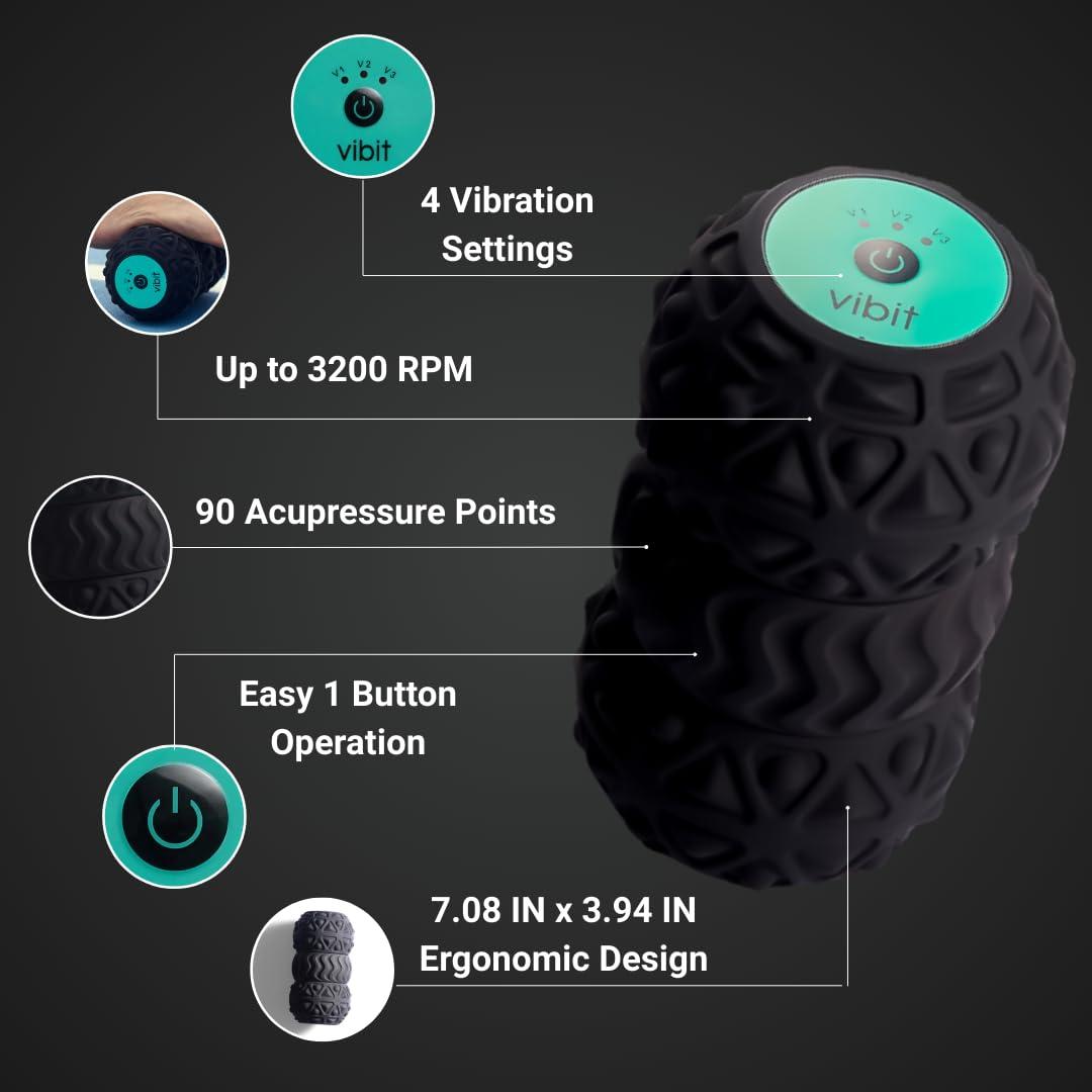 Vibit Vibit - Vibrating Massager for Plantar Fasciitis, Pain Relief and Sciatica, Foot and Body Portable Massage Roller, Deep Tissue Pain Relief from Feet to Neck, Electric, 3 Vibration Levels (Black)