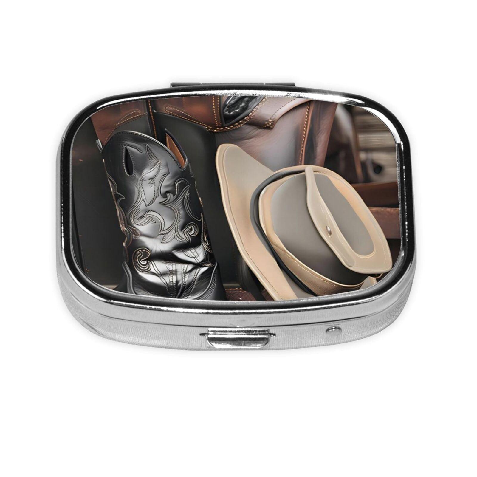 AthuAh Cowboy Black Hat Western Boots Everyday Pill Organizer, Fits in Pocket, 2 Compartment Portable Pill Box for Medications, Vitamins and More
