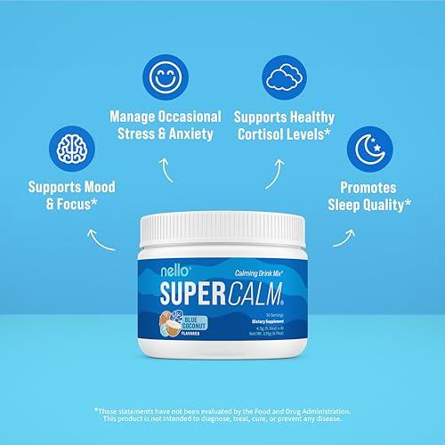 Nello Nello Supercalm Powdered Drink Mix, Blue Coconut, L Theanine, Ksm-66 Ashwagandha, Magnesium Glycinate, Vitamin D 3, Supplements for Relaxation & Focus, No Sugar, Non GMO, Vegan, On The Go, 30 Srvgs