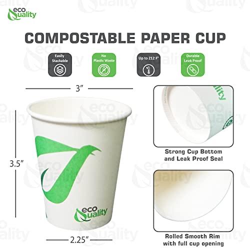 EcoQuality 8 oz Compostable Paper Cups - Biodegradable Disposable White Paper Coffee Cups PLA Lined - Eco-friendly Hot and Cold Drinking Cups for Travel, Picnic, Party and Events (300)