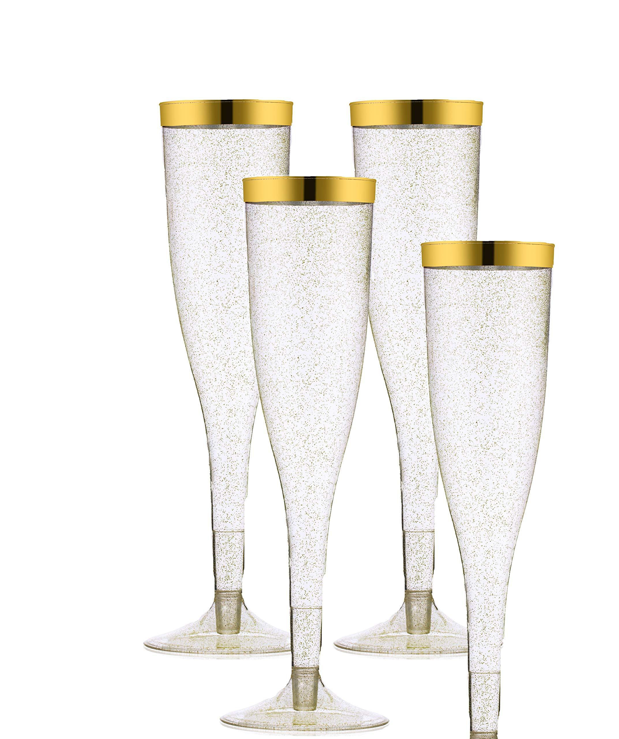 TasteOfQuality 50 Gold Rimmed Sparkle Plastic Champagne Flutes, Gold Glitter, 6.5 Oz Reusable Heavy Duty Wine Glass, Clear Plastic Toasting Glasses, Disposable Plastic Wine Glasses, cups for Bachelorette Party.