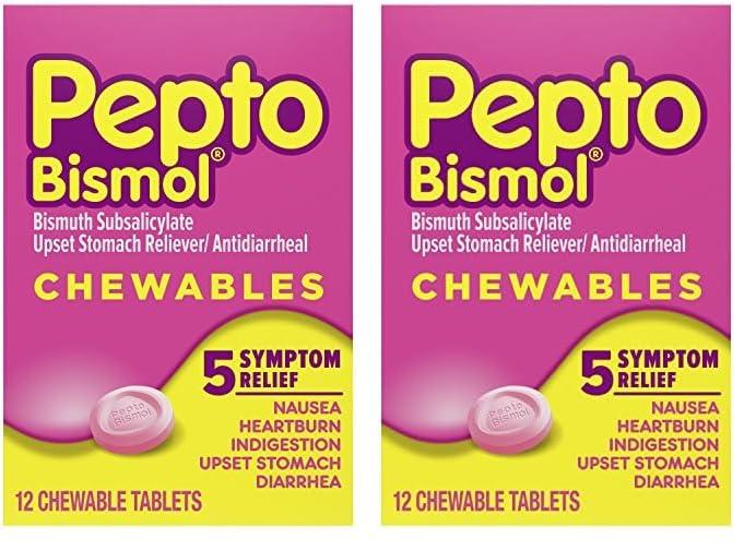 Pepto Bismol Pepto Bismol Chewable Tablets for Nausea, Heartburn, Indigestion, Upset Stomach, and Diarrhea - 5 Symptom Fast Relief, Original Flavor 12 ct (Pack of 2)