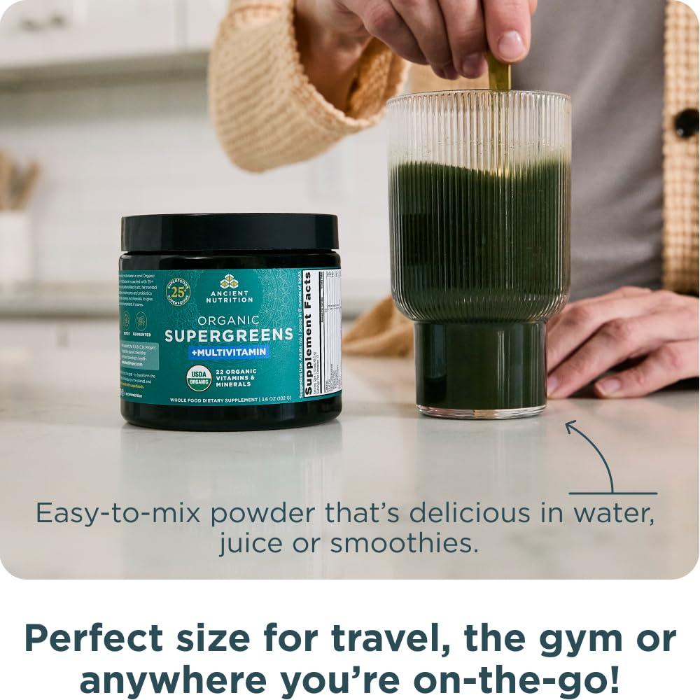 Ancient Nutrition Ancient Nutrition Organic SuperGreens Powder with Probiotics, Organic Multivitamin Greens, Made from Real Fruits, Vegetables and Herbs, Digestive and Energy Support, 12 Servings, 3.6oz