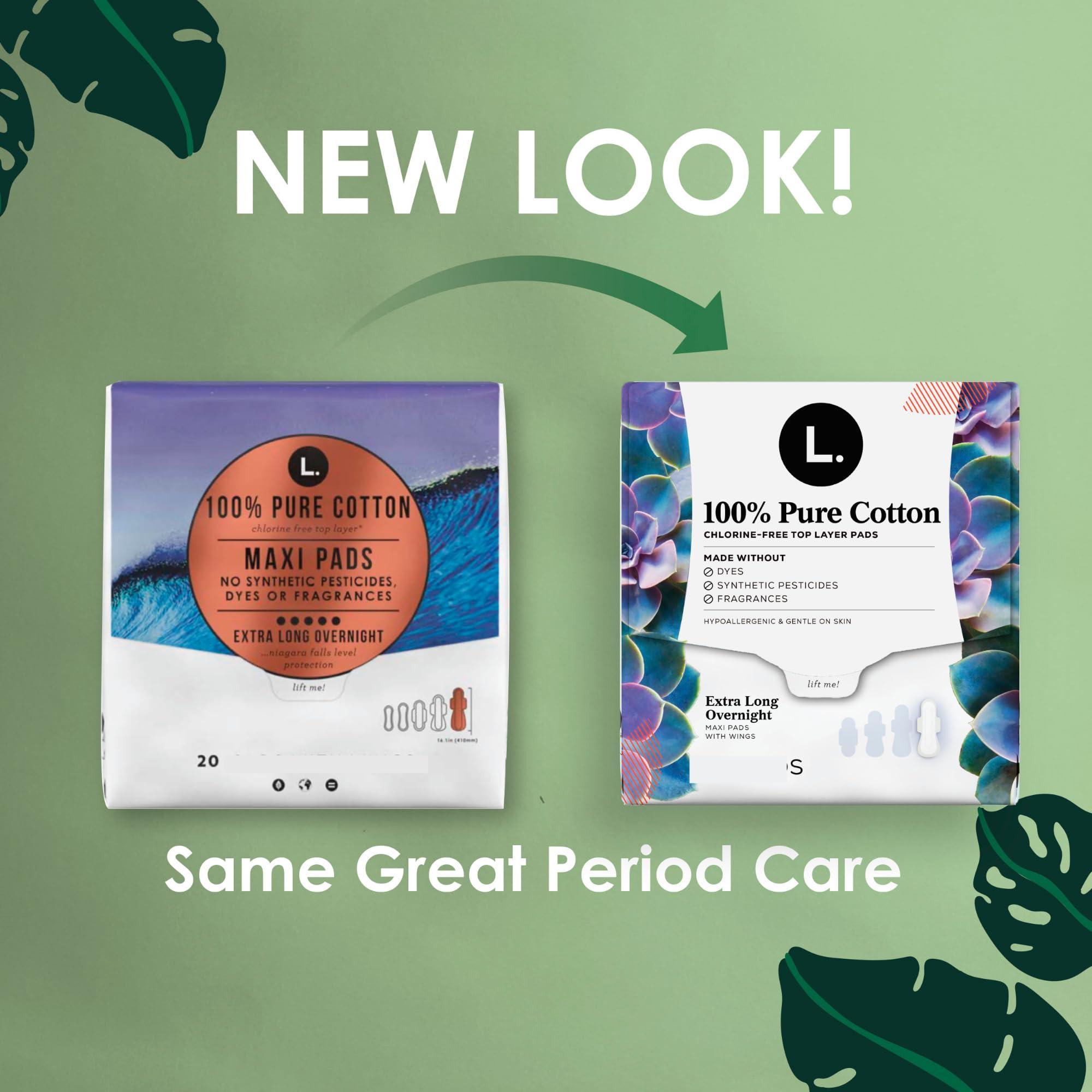 L. L. Pure Cotton Topsheet Pads for Women, Extra Long Overnight Pads, Maxi Pads with Wings, Unscented Menstrual Pads, 28 Count x 2 Packs (56 Count Total) (Packaging May Vary)