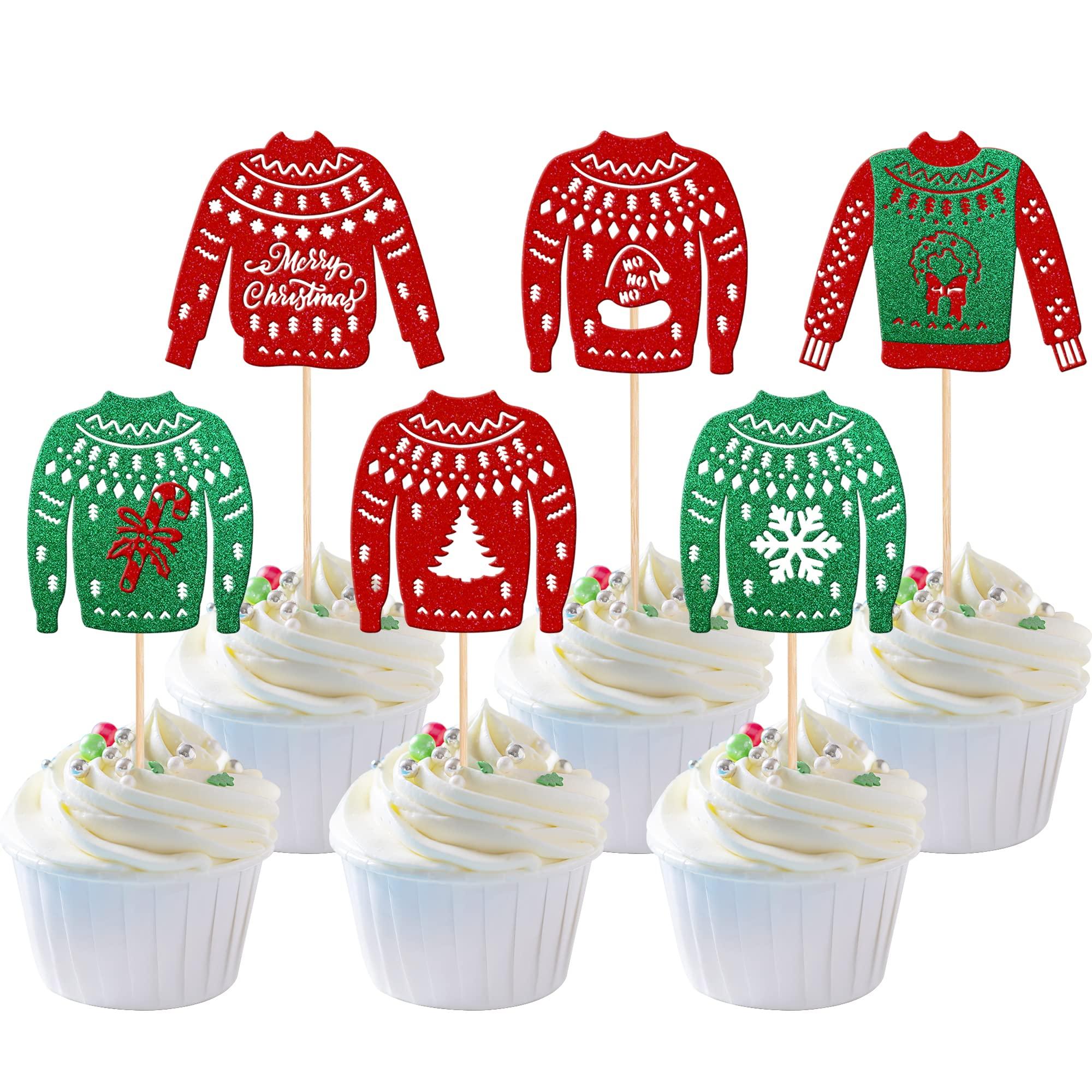 ZHUOWEISM 36 PCS Christmas Ugly Sweater Cupcake Toppers Green Red Glitter Santa Claus Gifts Christmas Tree Deer Snowflake Cupcake Picks for Merry Christmas Theme Holiday Party Cake Decorations Supplies