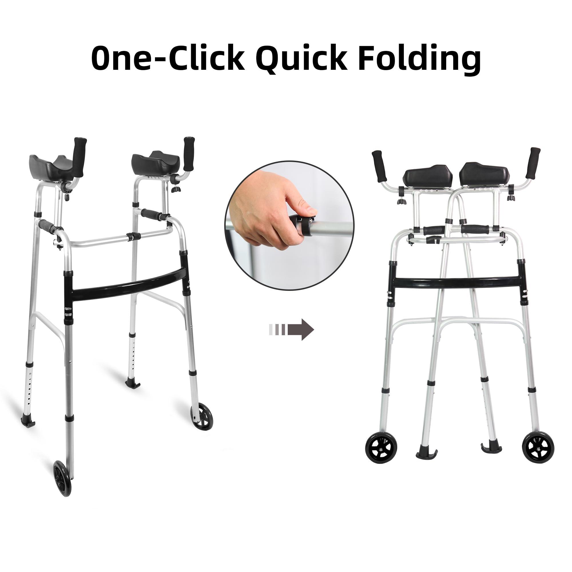 EasyVibe Foldable Stand IP Walker with Armrest Pad - Height Adjustable Aluminum Walkers, Standard Walker for Seniors, Elderly, Handicap, Platform Walker with Arm Support, Standing Upright Walker, Silver