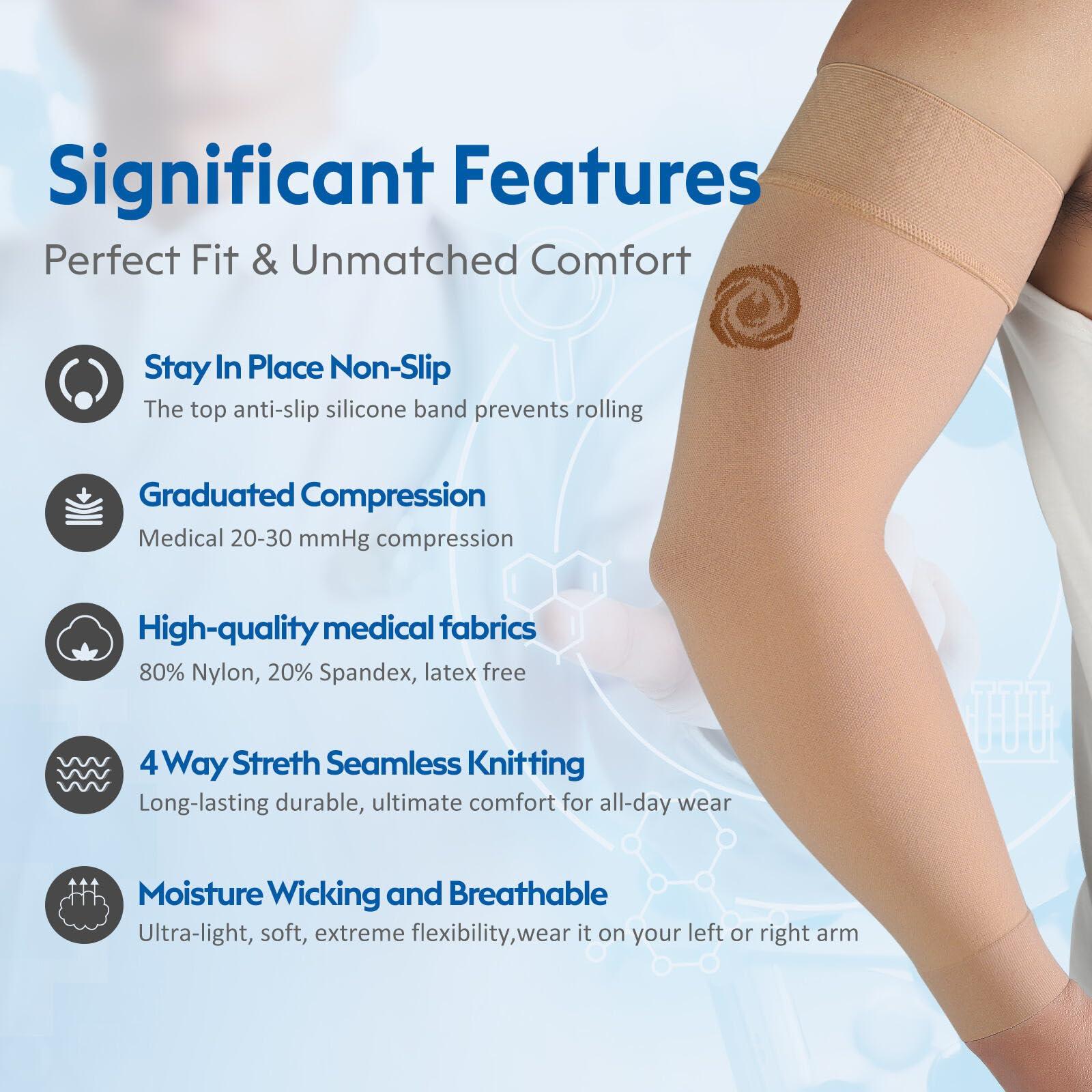 NURCOM NURCOM Medical Compression Arm Sleeve for Men Women, 2 Pack, No Silicone, Soft-In 20-30mmHg for Lymphedema, Lipedema, Pain Relief, Edema, Swelling, Post Surgery Recovery, Beige M