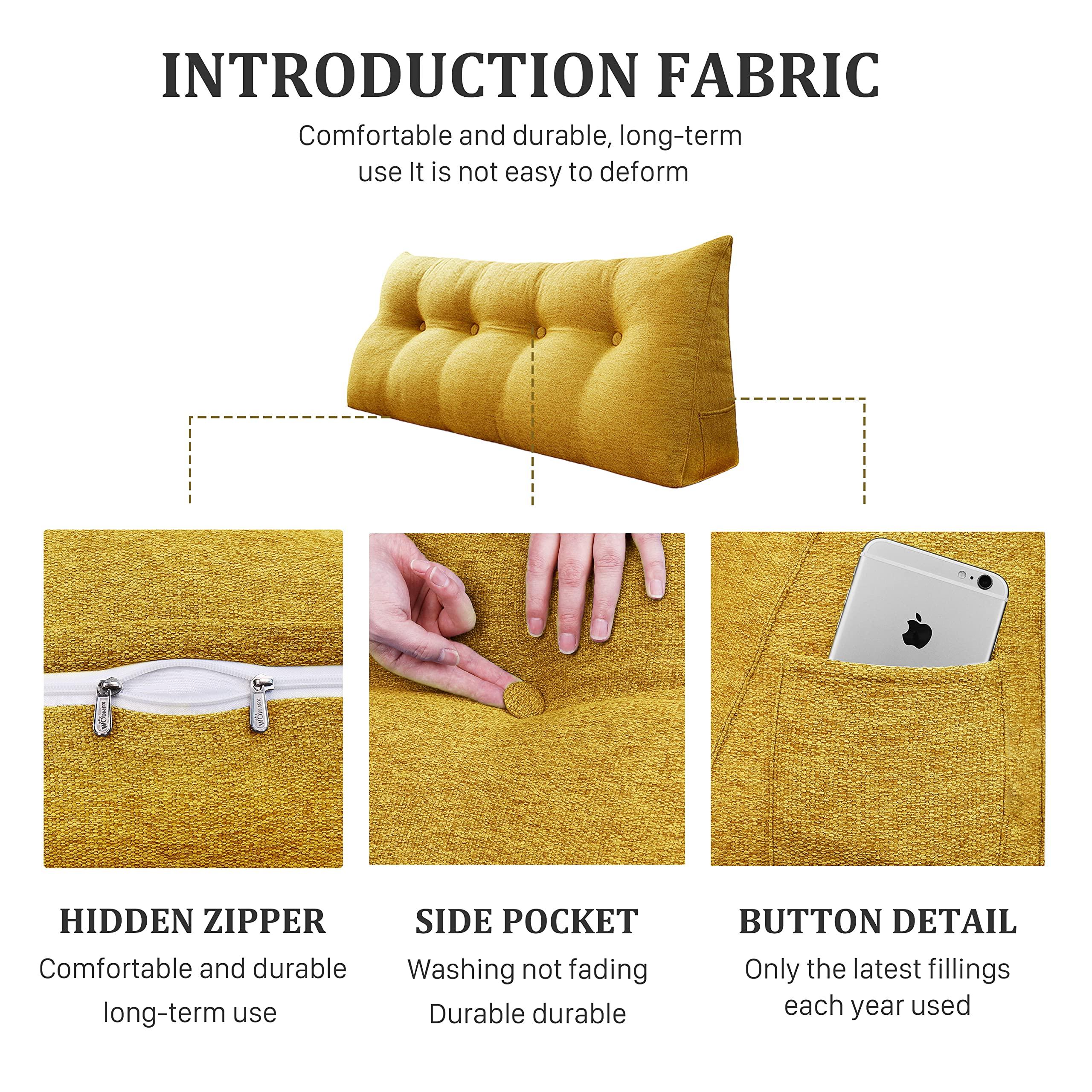 Rucener 13 lbs Thickened Headboard Pillow Wedge Pillow Headboard Reading Pillow Bed for Comfortable Backrest Reading Triangular Pillow with Side Pocket Backrest Pillows for Sitting in Bed Yellow Full