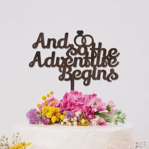 YJHLBHDIAN And So The Adventure Begins Rings Cake Topper for Wedding Mr And Mrs Cake Topper for Wedding Bridal Shower Cake Toppers Custom Last Name Couple Married Gift Personalized Topper Wood Brown