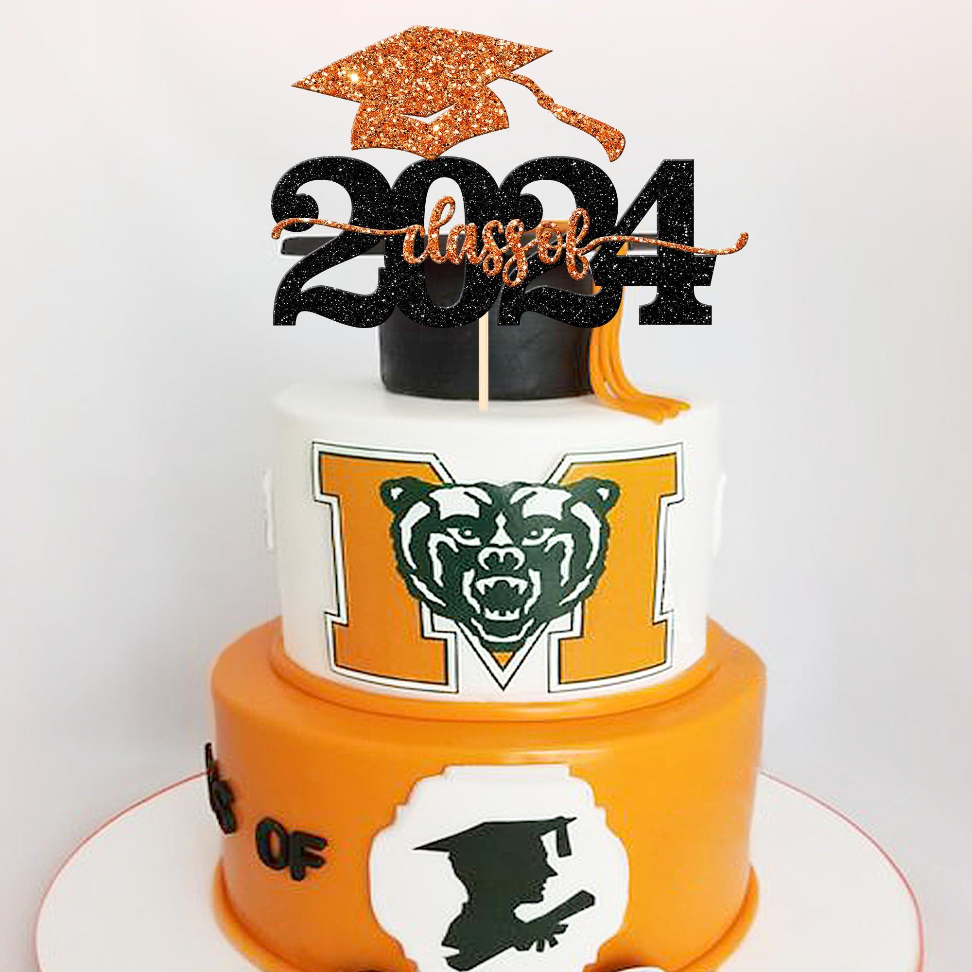 ZHUOWEISM 1 PCS Class of 2024 Cake Topper Black Glitter 2024 Graduation Cake Pick Congrats Grad Cap 2024 Cake Decoration for 2024 College Graduation Theme Party Decorations Supplies Orange