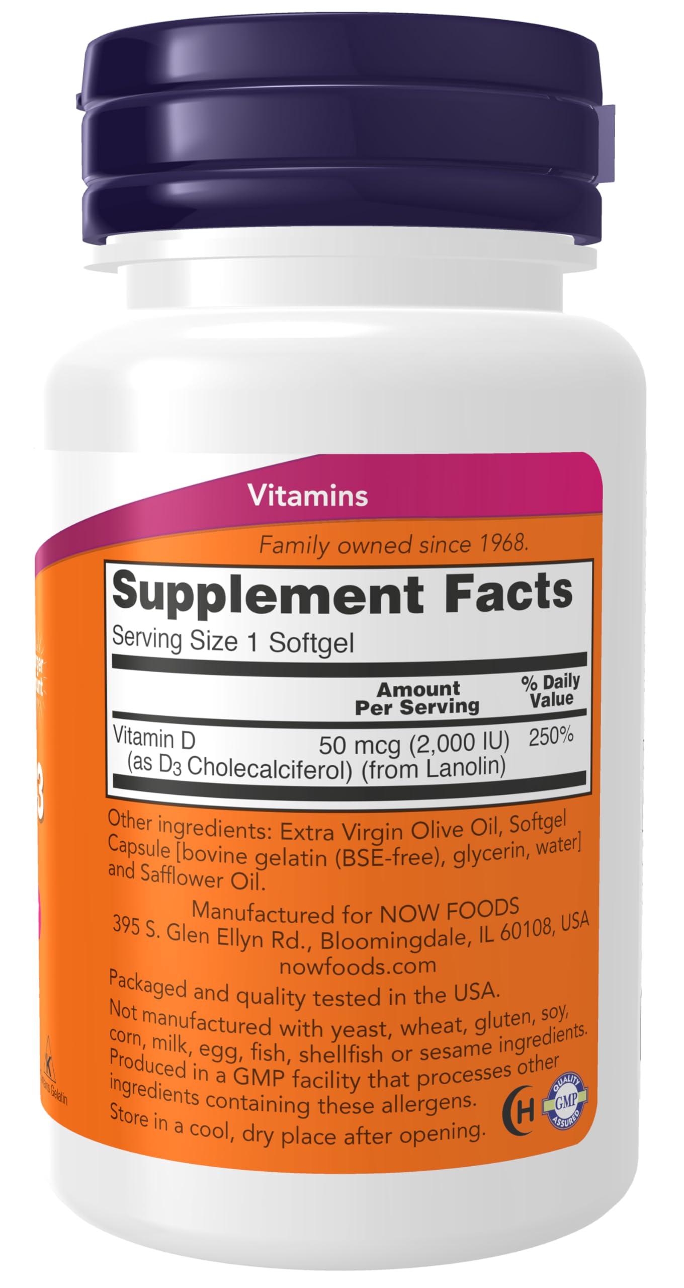 NOW Foods NOW Foods Supplements, Vitamin D-3 2,000 IU, High Potency, Structural Support*, 240 Softgels