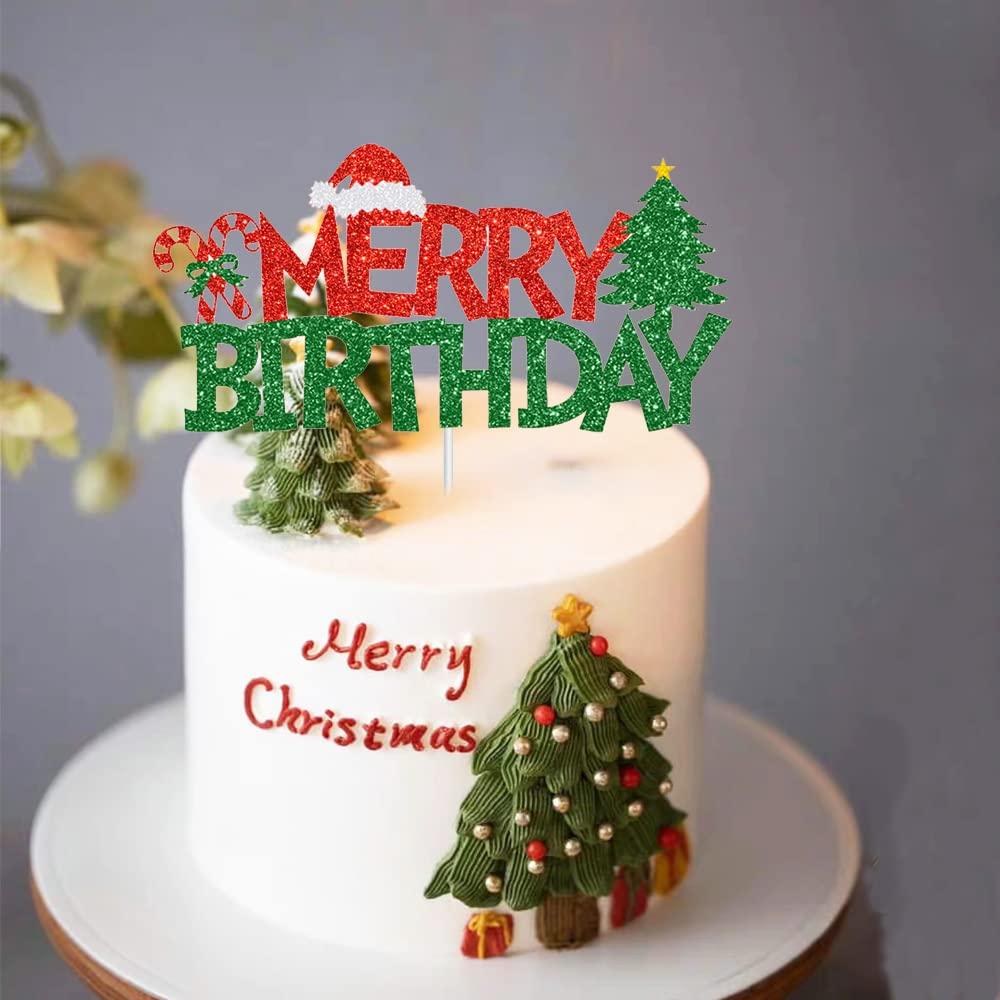 GotGala GotGala Merry Birthday Cake Topper Red &Green Glitter Christmas Birthday Cake Decoration Kids Christmas Birthday Party Cake Food Picks for Winter Onederland Xmas Birthday Baby Shower Decorations