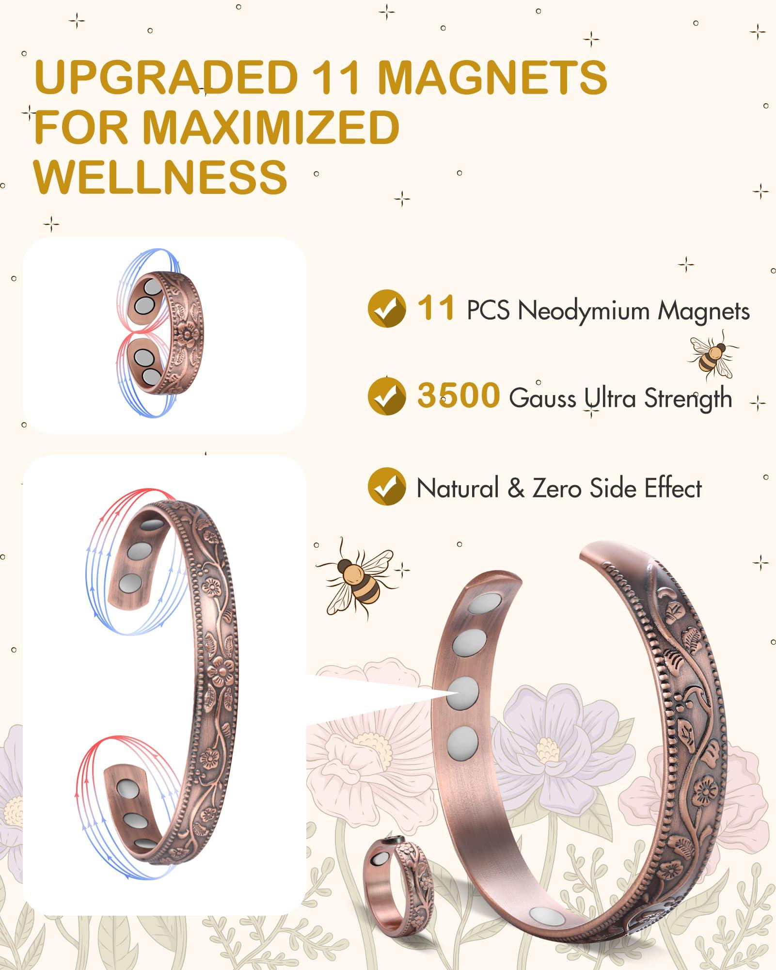 Feraco Feraco Copper Bracelet & Lymphatic Drainage Rings for Women, Vintage Flower Copper Magnetic Cuff Bangle, 99.99% Pure Copper with Neodymium Magnets, Adjustable with Gift Box