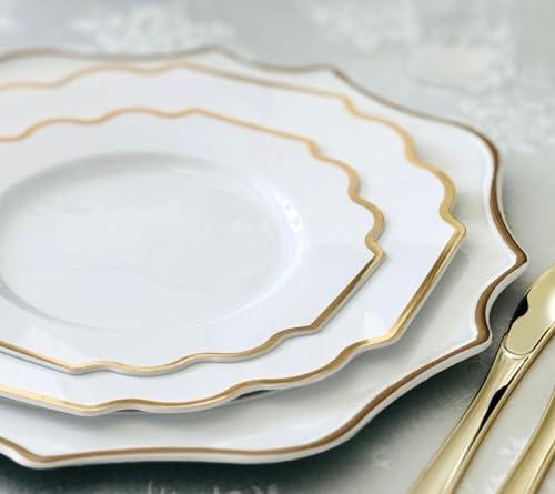 OCCASIONS FINEST PLASTIC TABLEWARE " OCCASIONS " 120 Plates Pack, Heavyweight Disposable Wedding Party Plastic Plates (8'' Appetizer/Dessert PlateImperial in White & Gold)